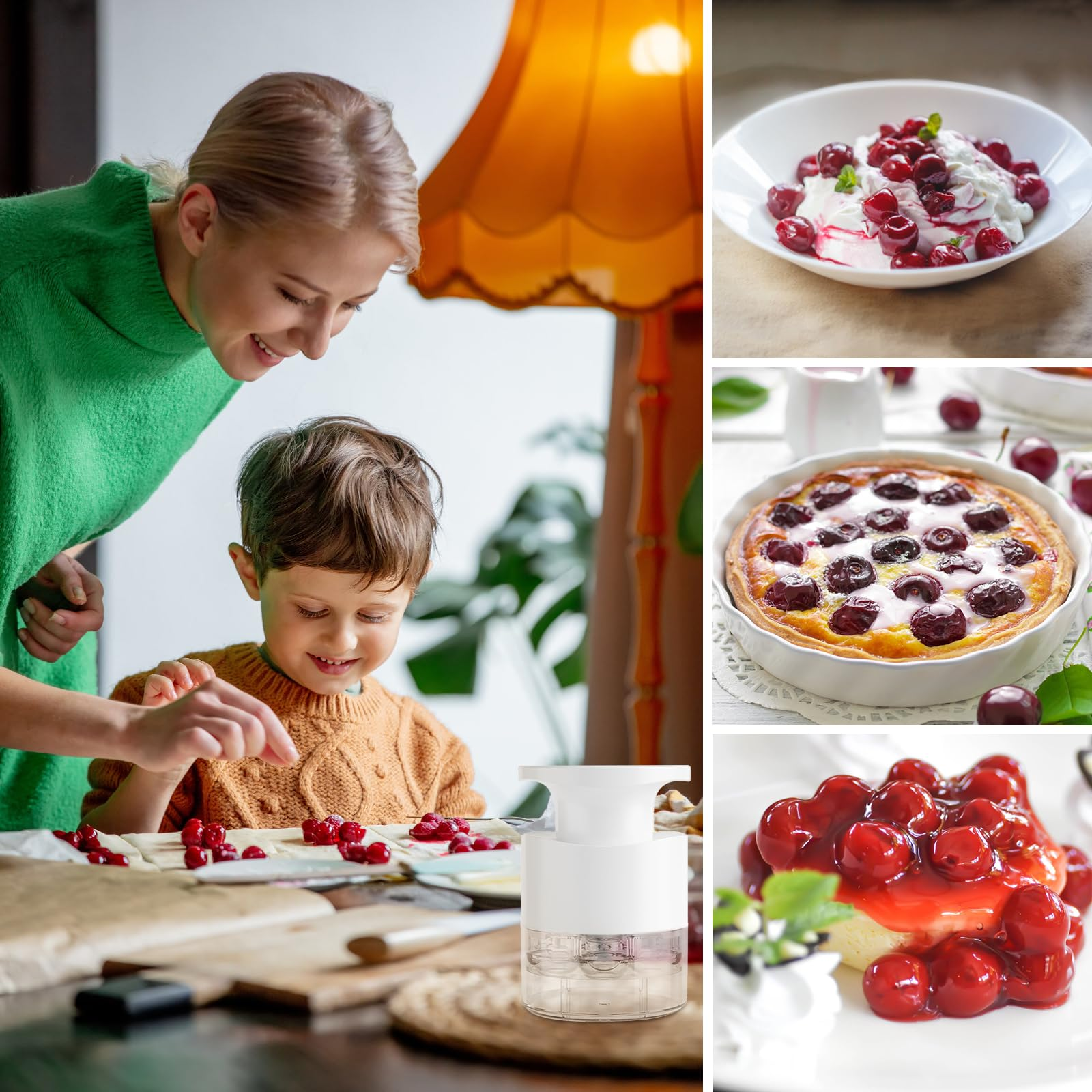 Frau und Kind bereiten Kirschkuchen zu. Kirschjoghurt, Kirschkuchen und Kirschdessert.