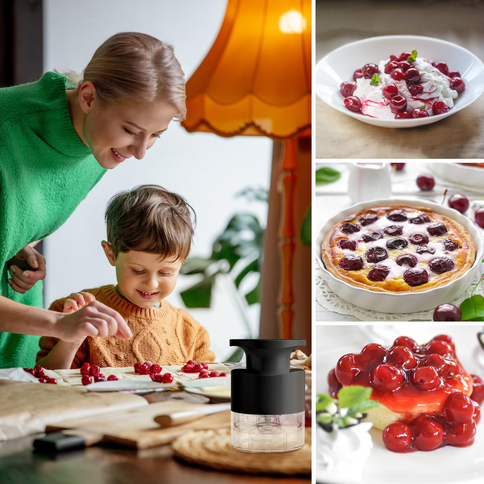 Frau und Kind bereiten Kirschkuchen zu; Kirschjoghurt, Kirschkuchen, Kirschkuchenstück.