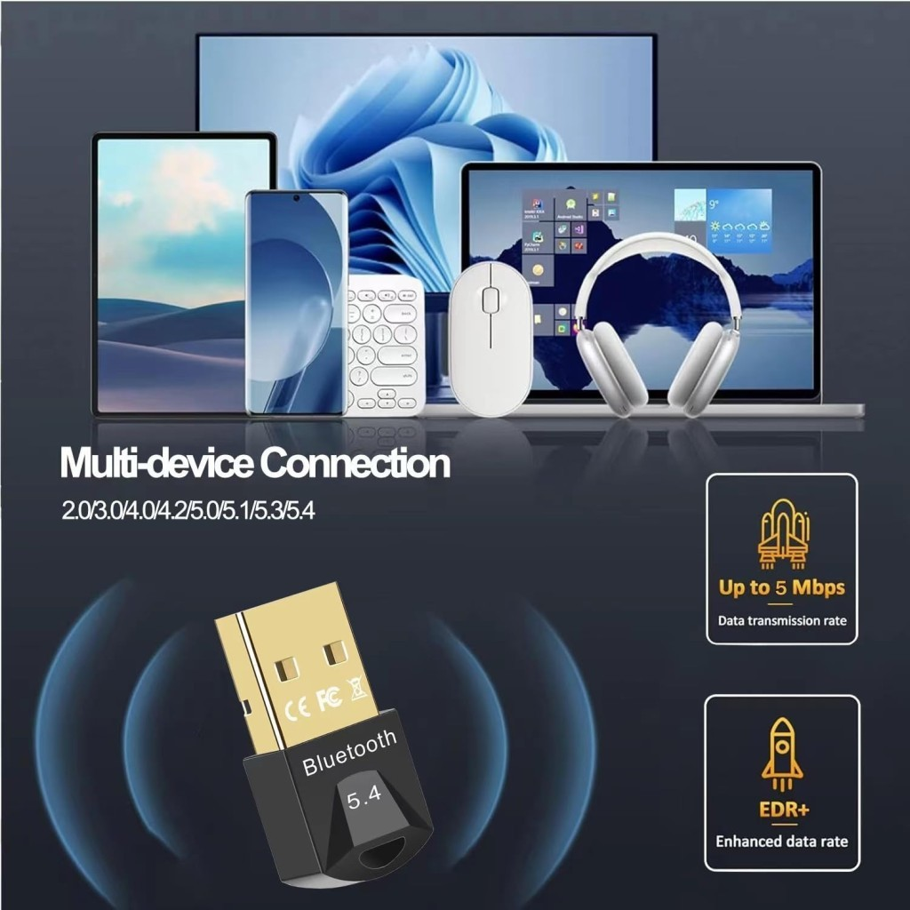 Bluetooth 5.4 dongle, laptop, tablet ve akıllı telefonlar gibi cihazlara bağ. Hızlı veri.