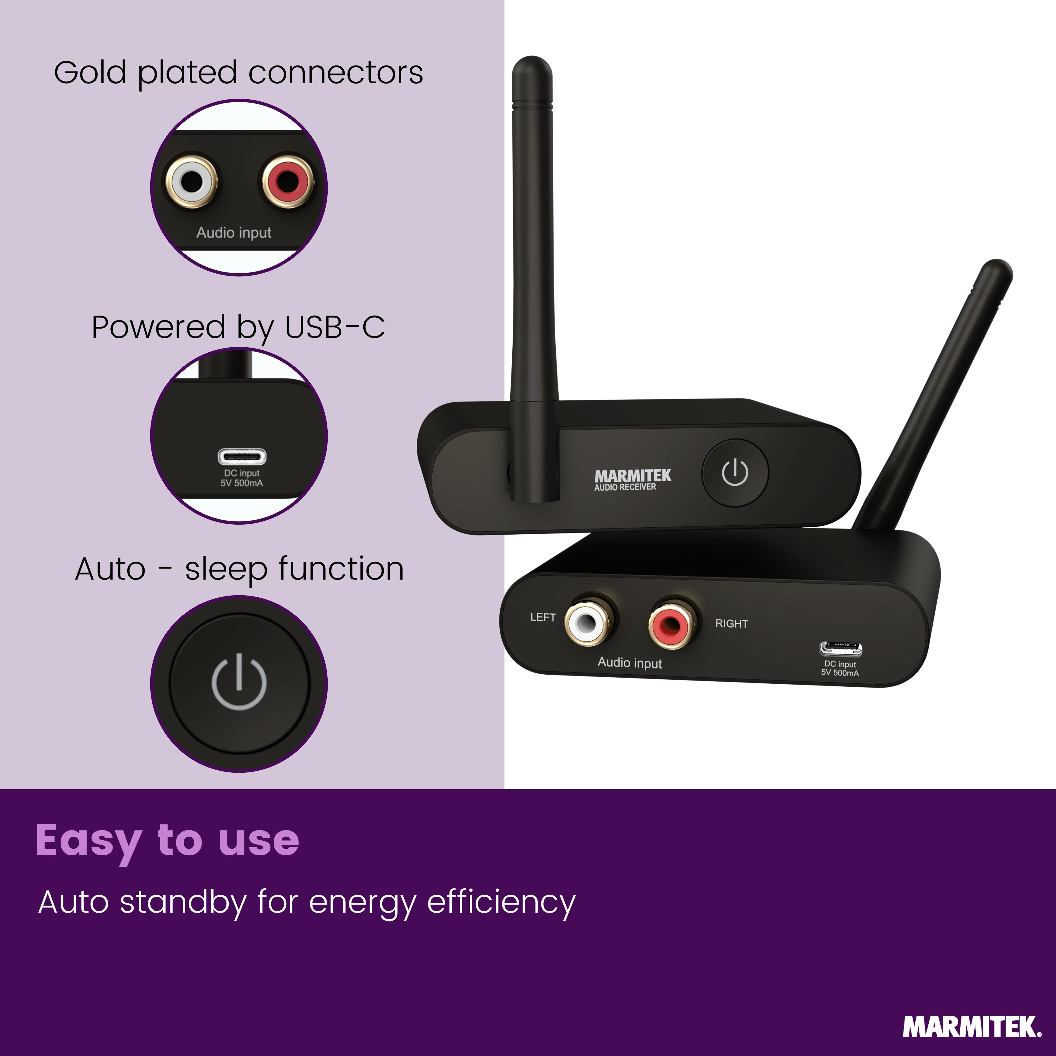 Zwei schwarze Marmitek Audio Empfänger mit Antennen, Anschlüssen und USB-C.