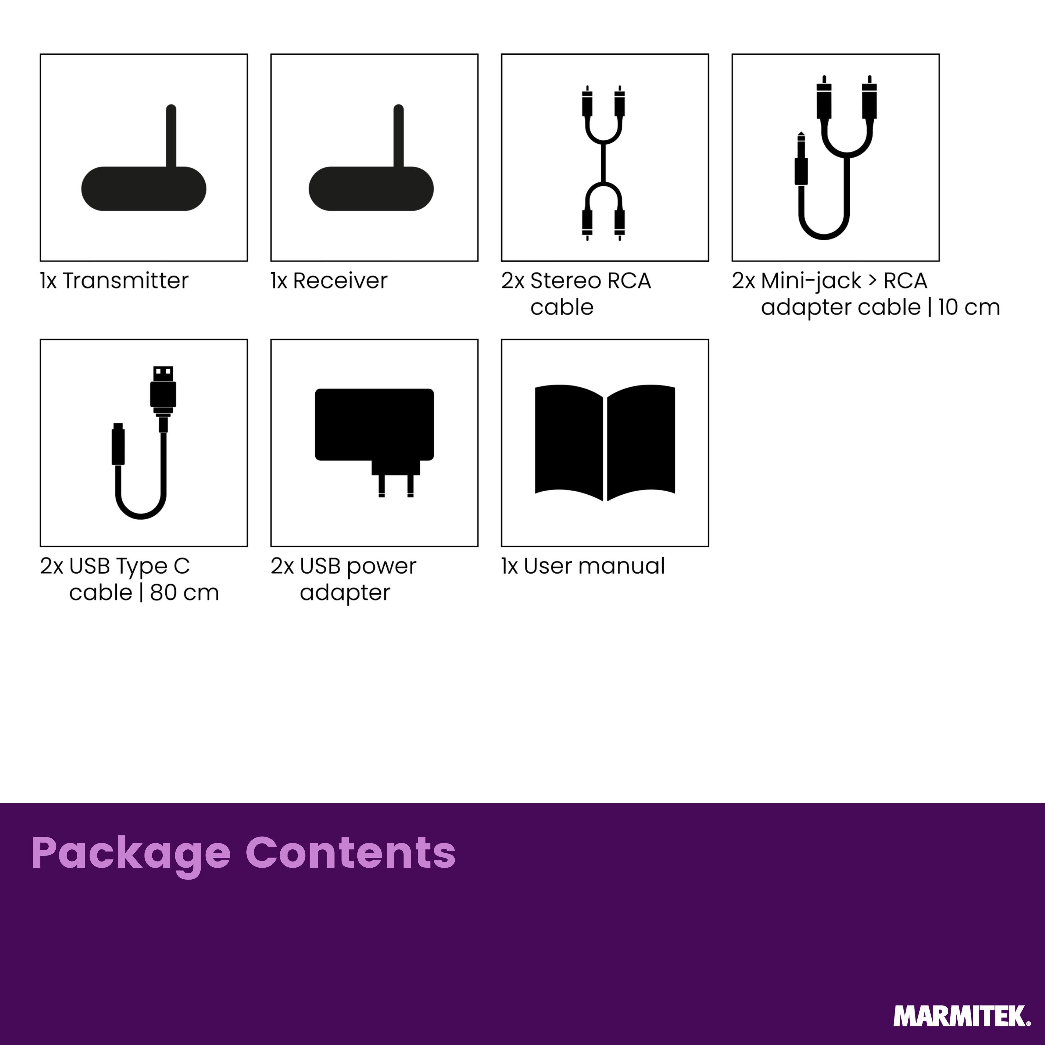 Paketinhalt: Sender, Empfänger, Kabel und Netzteil.