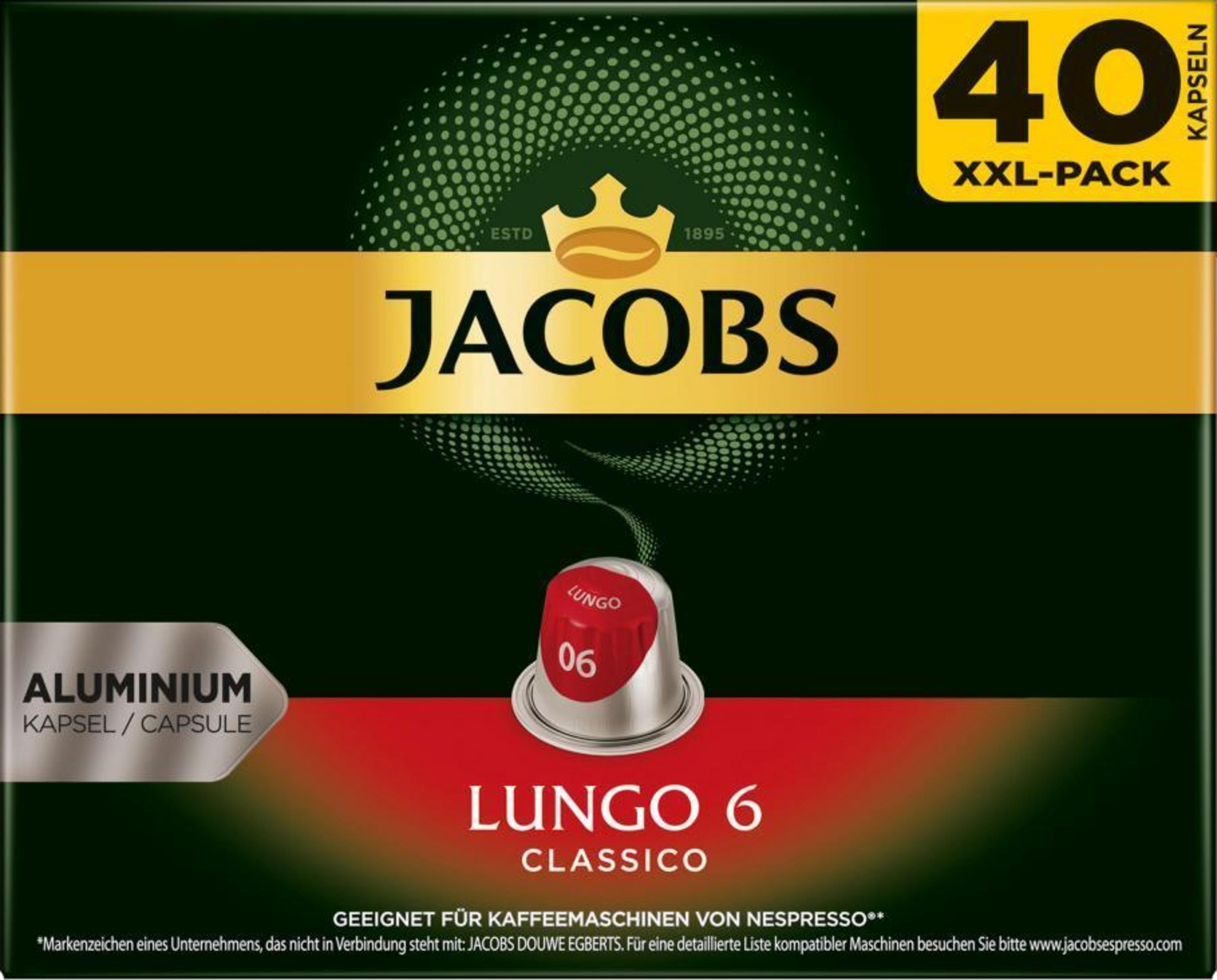 Capsule alluminio Jacobs Lungo 6 Classico, confezione XXL da 40, per Nespresso.