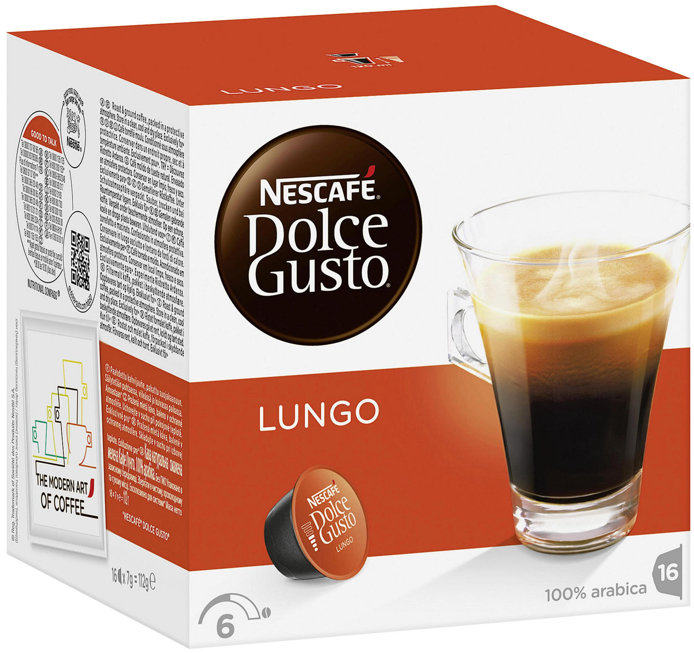 Caffè NESCAFÉ Dolce Gusto Lungo. Mostrata una tazza di caffè e una capsula.