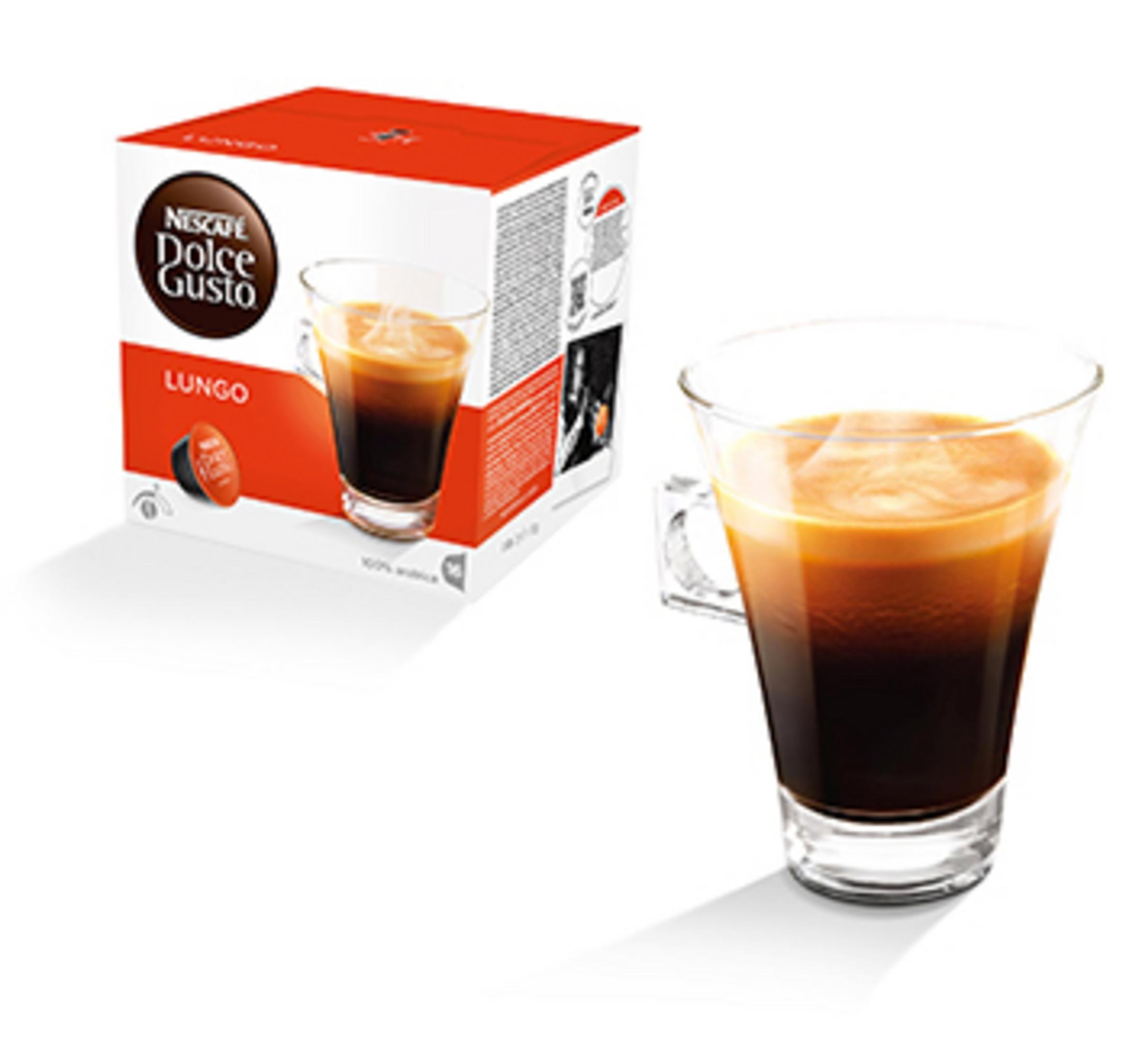 Una scatola di capsule di caffè Nespresso Dolce Gusto Lungo accanto a un bicchiere di caffè.