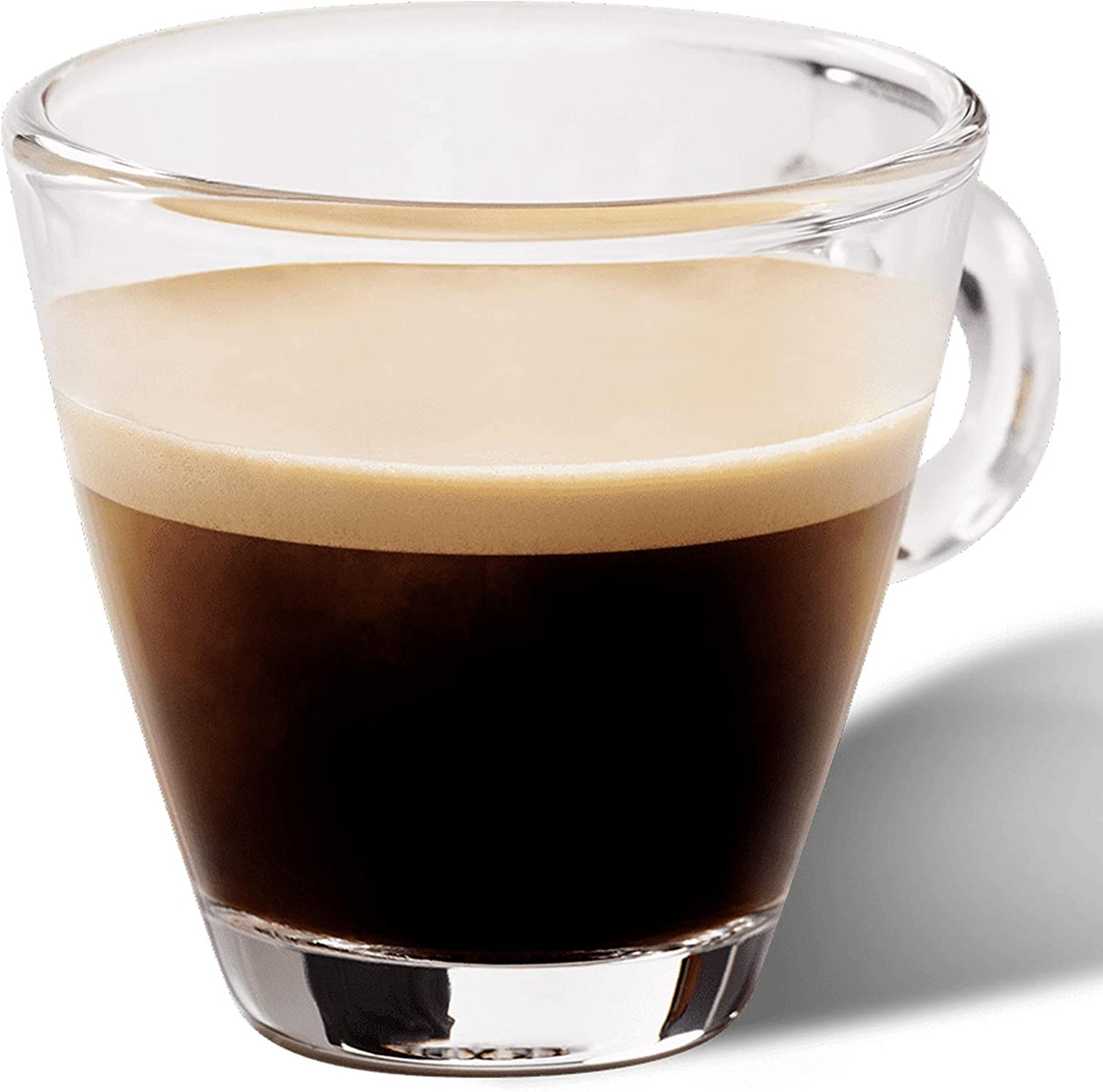 Ein Glas Espresso mit dunklem Kaffee und hellem Schaum.