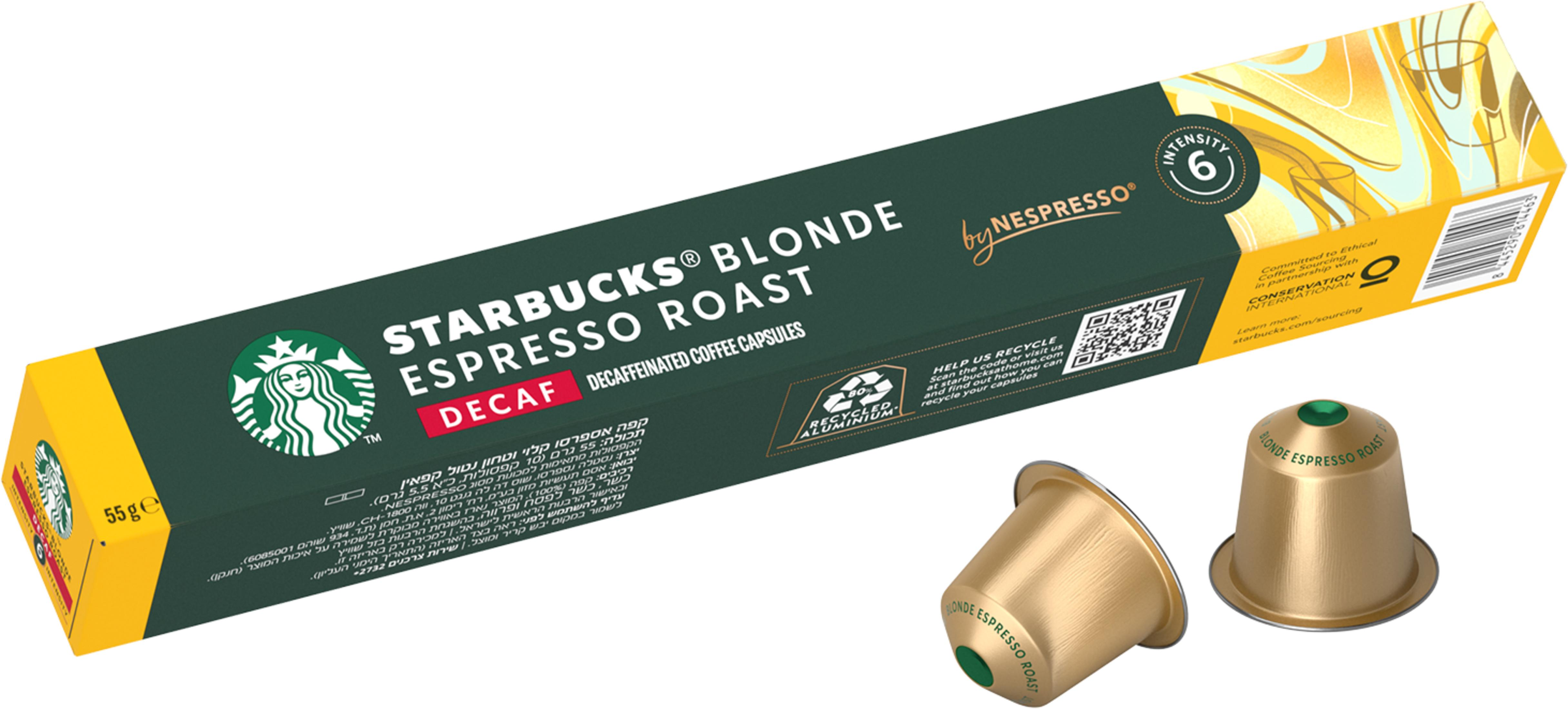 Capsule Starbucks Blonde Espresso Roast Decaf su scatola scura, con due capsule accanto.