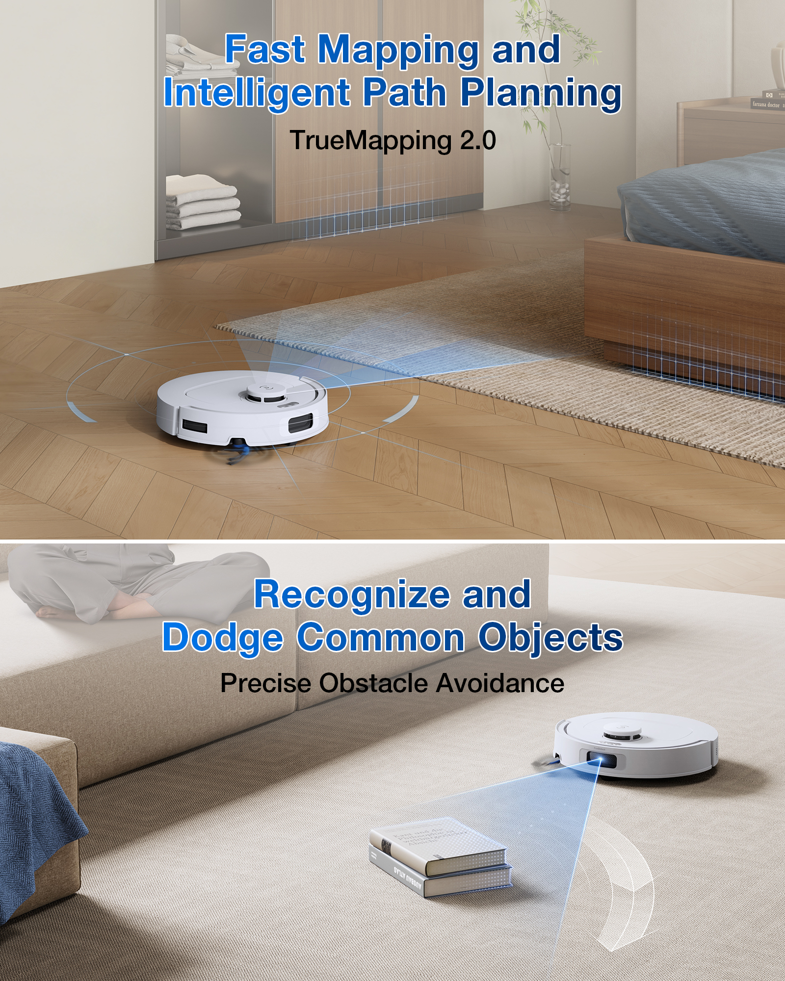 Un robot aspirateur blanc cartographie une pièce et évite les livres.