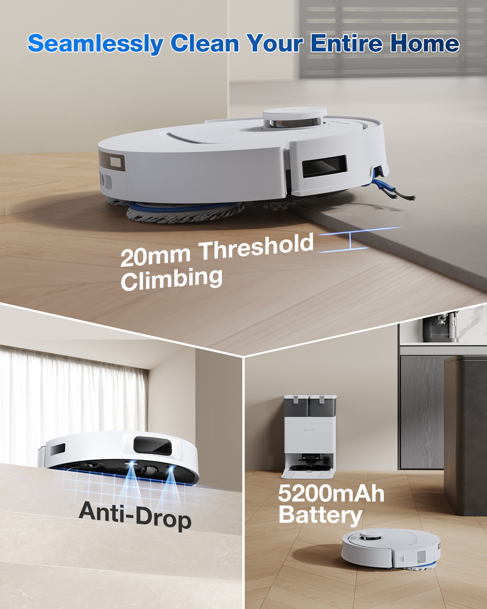 Un robot aspirateur blanc franchit un seuil de 20 mm, montrant ses fonctions anti-chute.
