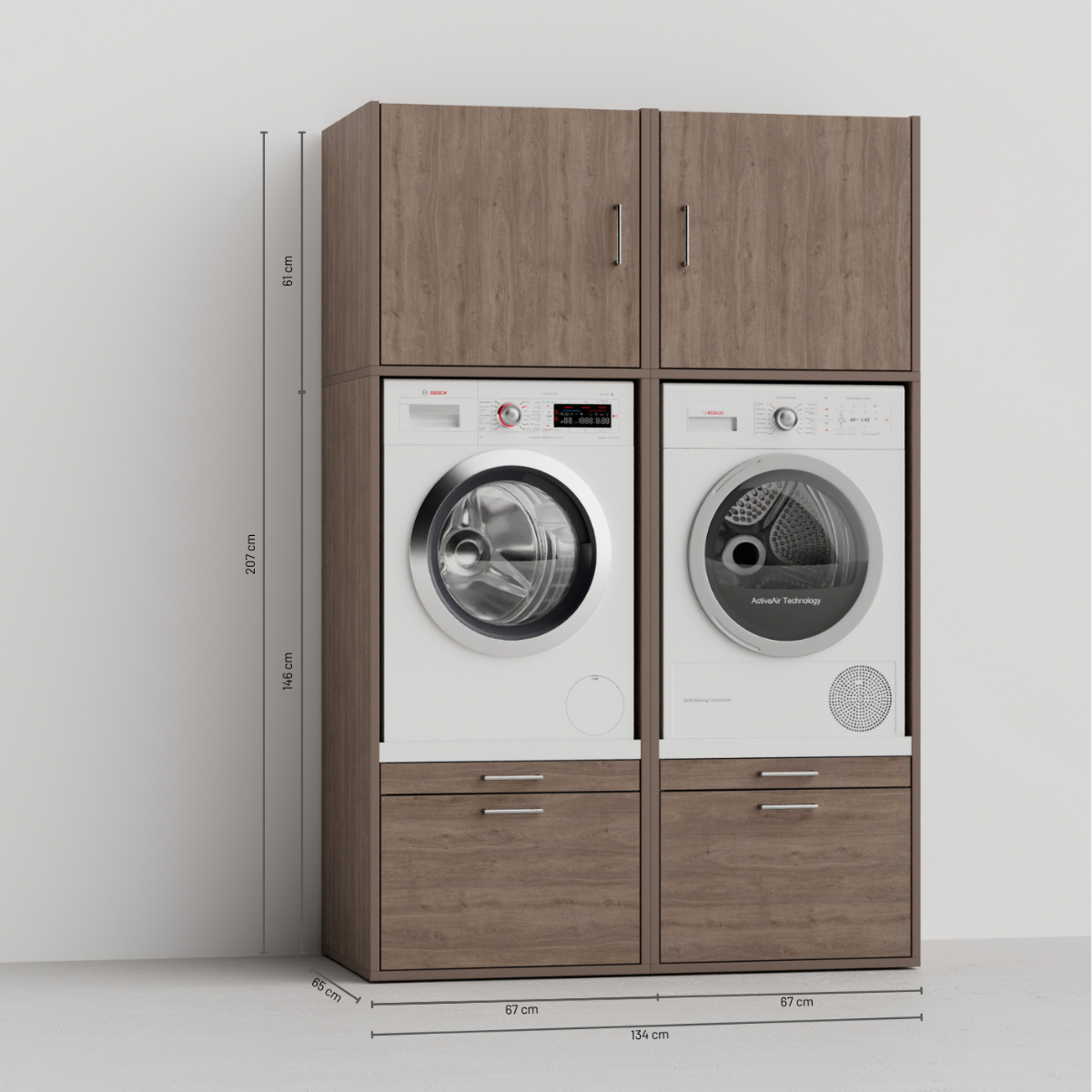 Holzschrank mit Waschmaschine und Trockner, weiße Fronten, Maße angegeben.