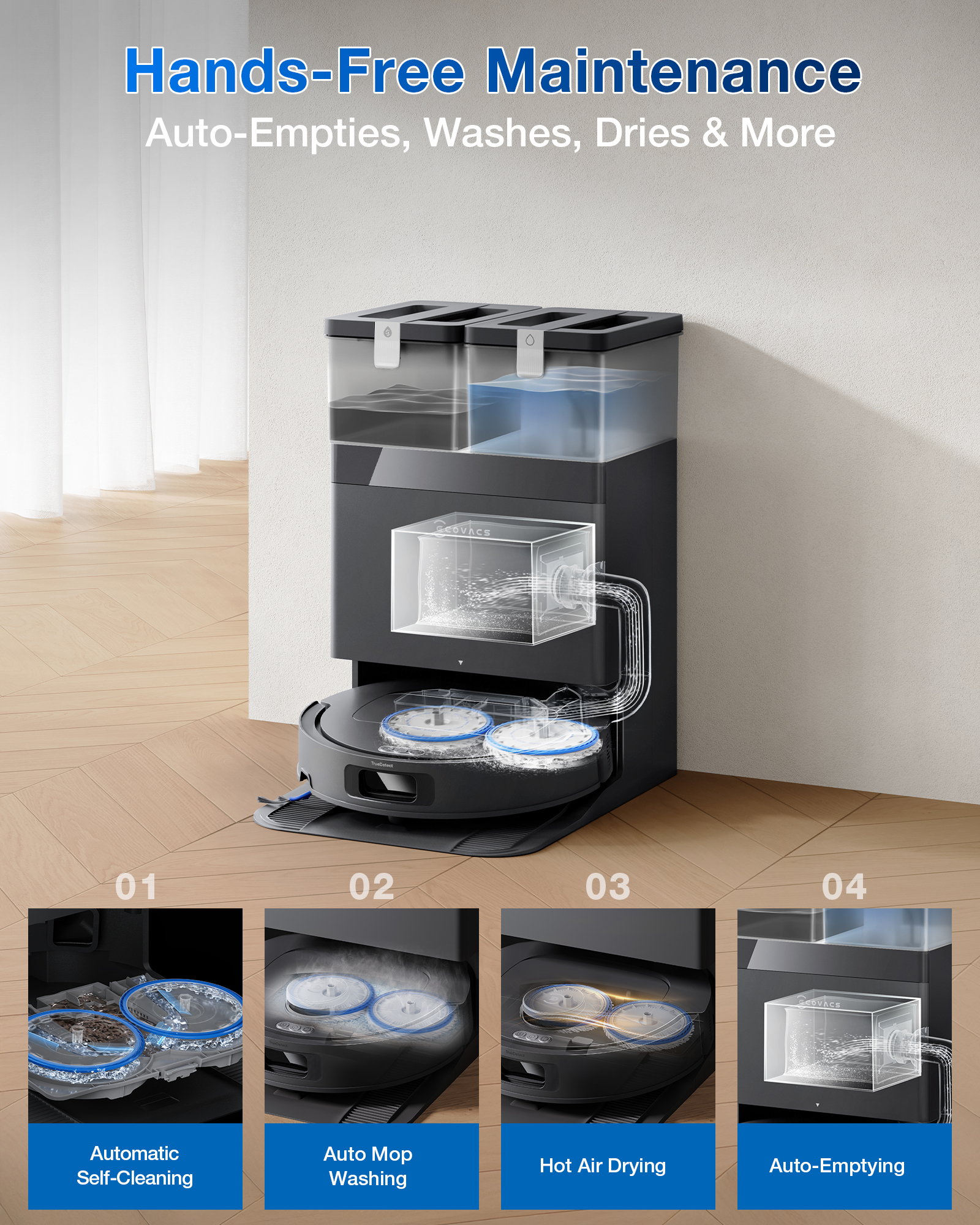 Aspirateur robot avec station : auto-nettoyage, lavage, séchage, vidage.