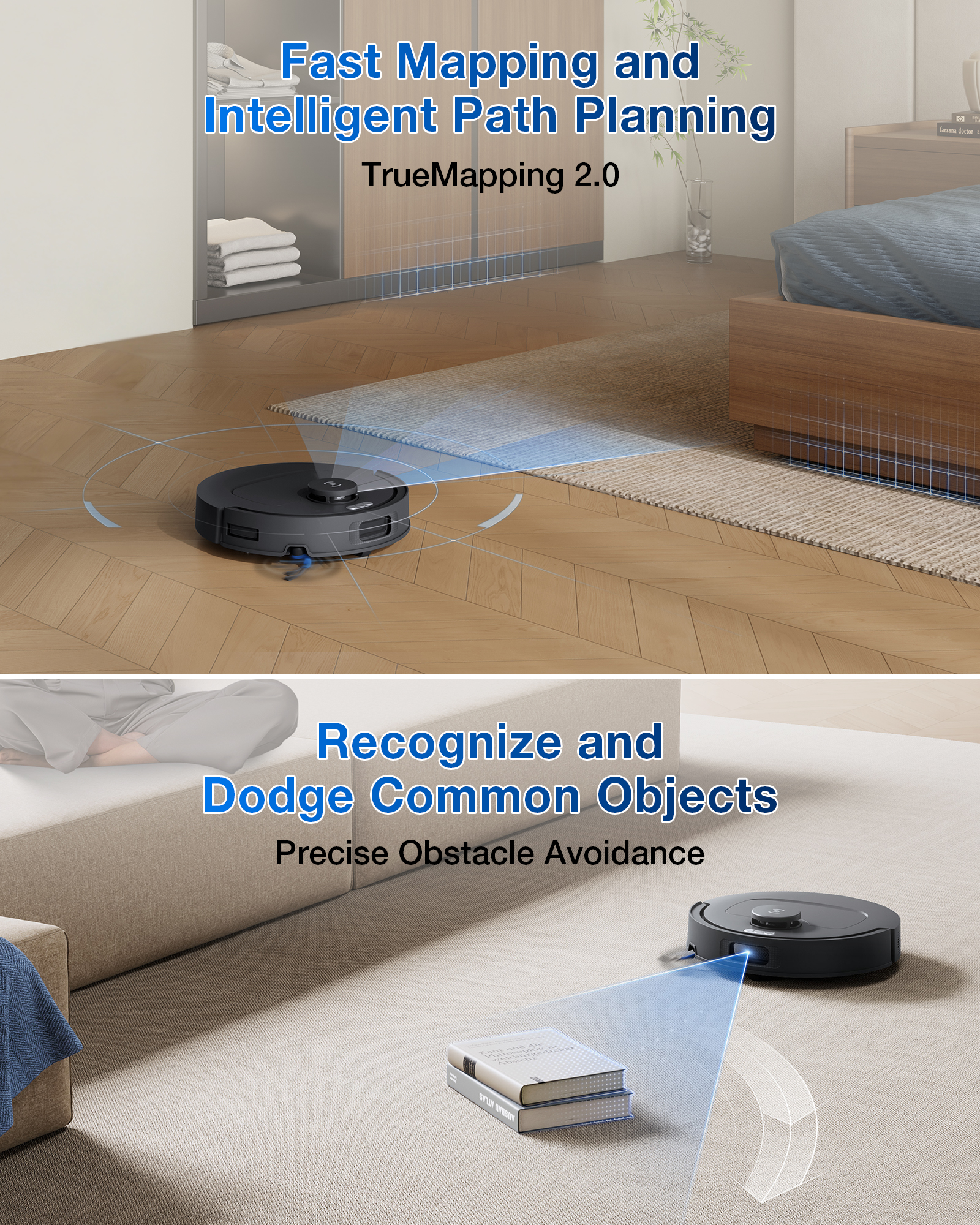Un aspirateur robot cartographie et évite les obstacles dans une pièce.