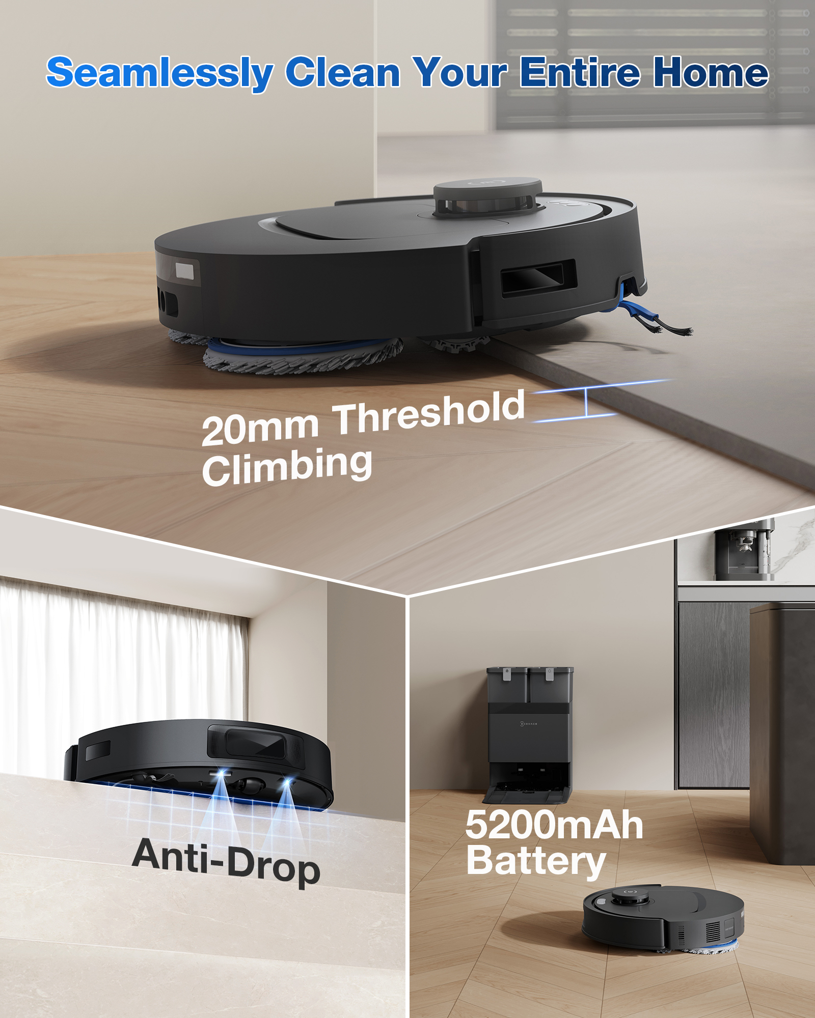 Un aspirateur robot franchit les seuils, détecte les chutes et a une batterie de 5200 mAh.