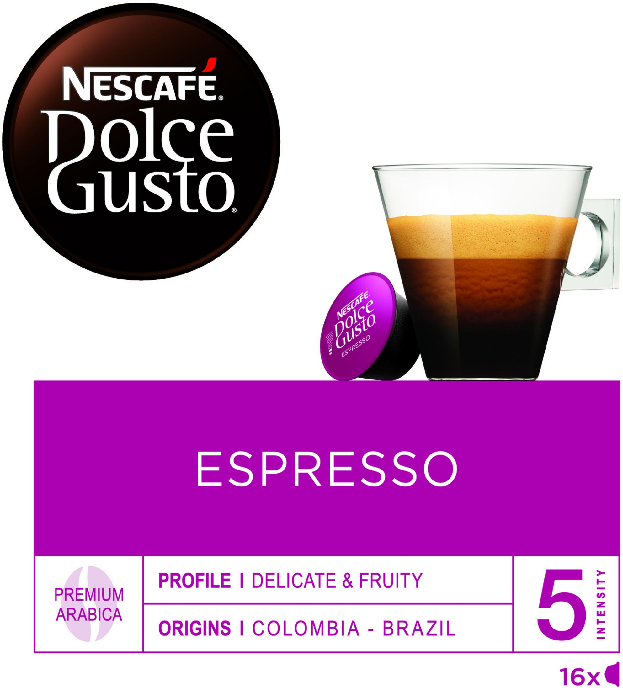 Nescafe Dolce Gusto Espresso Kapsel neben Glas mit Espresso, lila Textfeld.