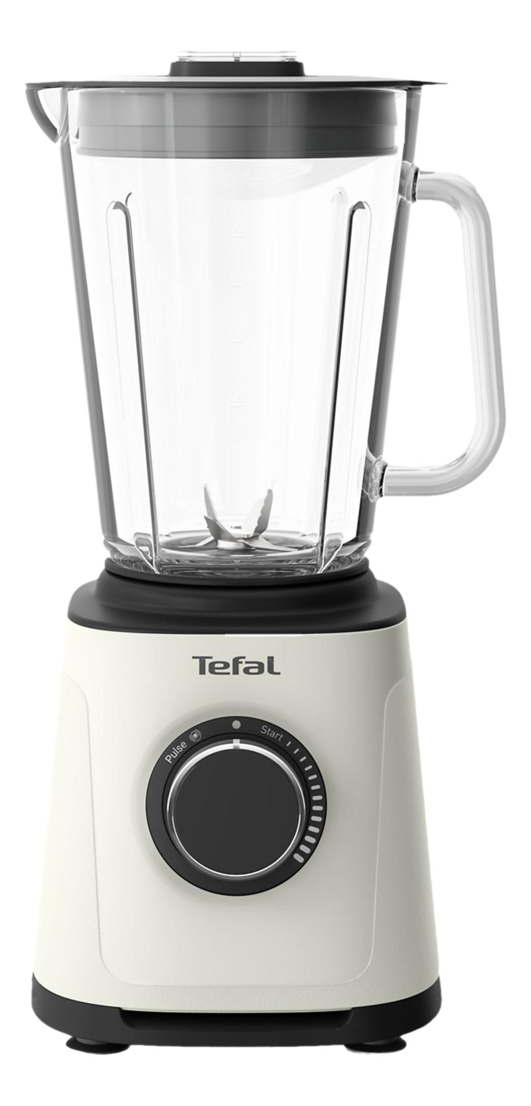 Ein cremefarbener Tefal-Standmixer mit einem Glaskrug und einem schwarzen Bedienfeld.