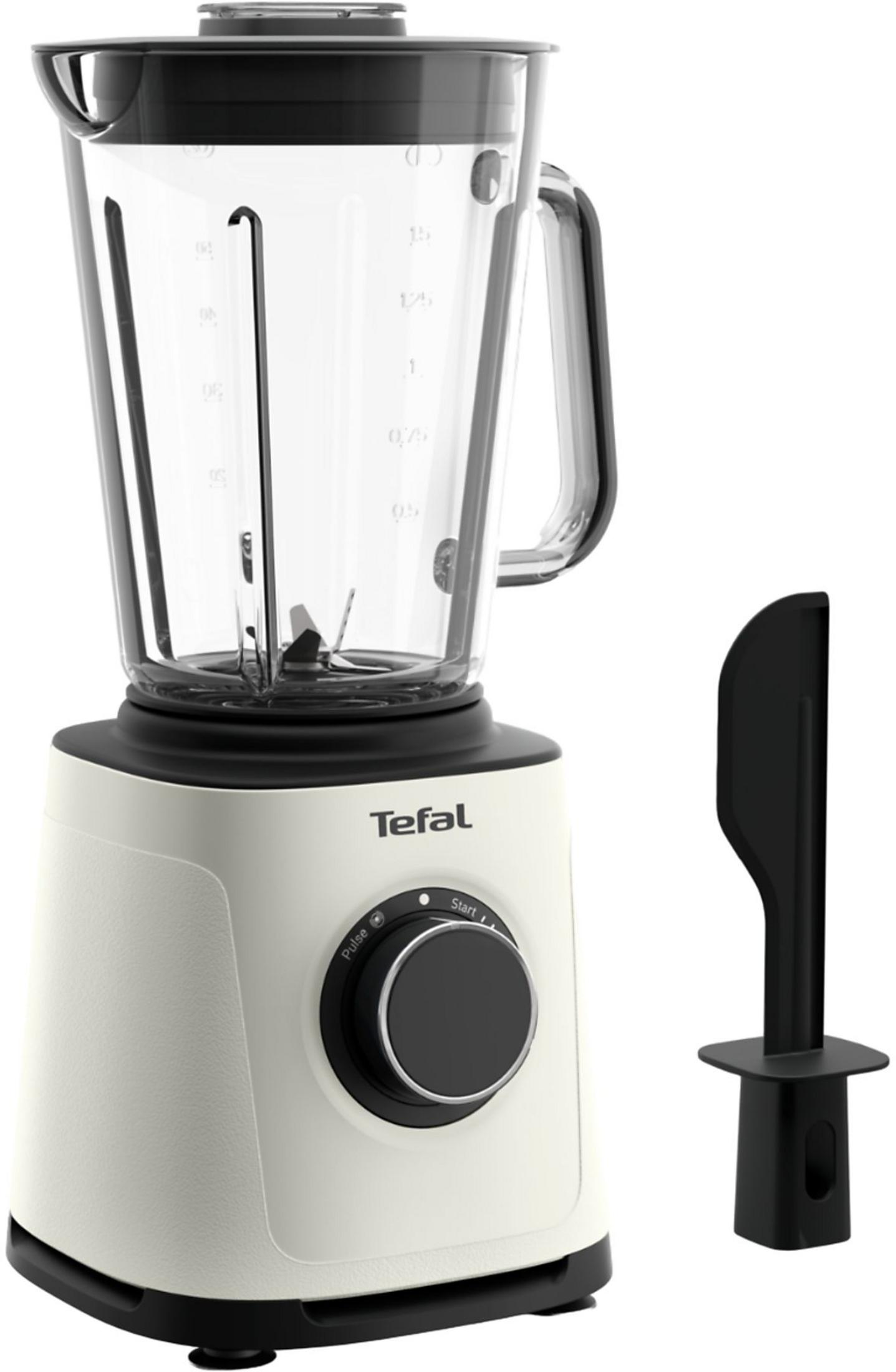 Ein cremefarbener Tefal Mixer mit schwarzem Deckel und Griff, daneben ein schwarzes Messer.