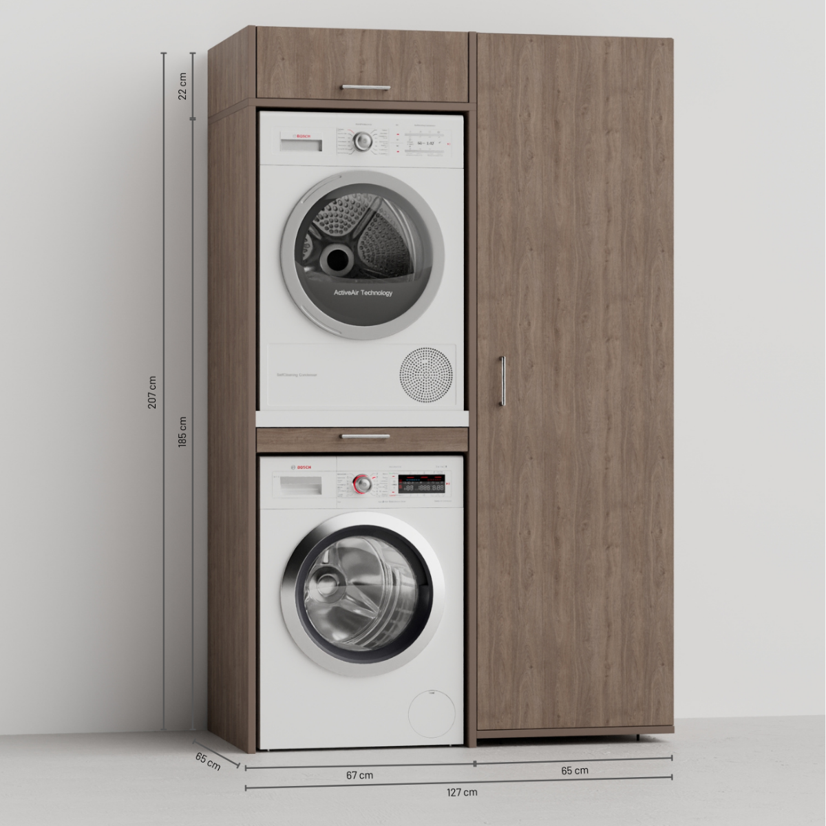 Holzschrank mit Waschmaschine und Trockner, Maße sind angegeben.
