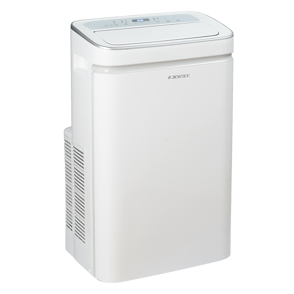 Una unidad blanca de aire acondicionado portátil con borde plateado y panel de control.
