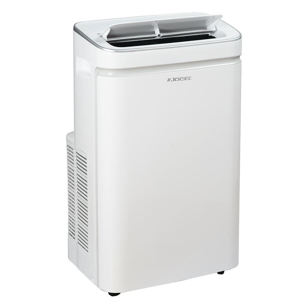 Una torre de aire acondicionado portátil blanca con rejillas y panel de control superior abatible.