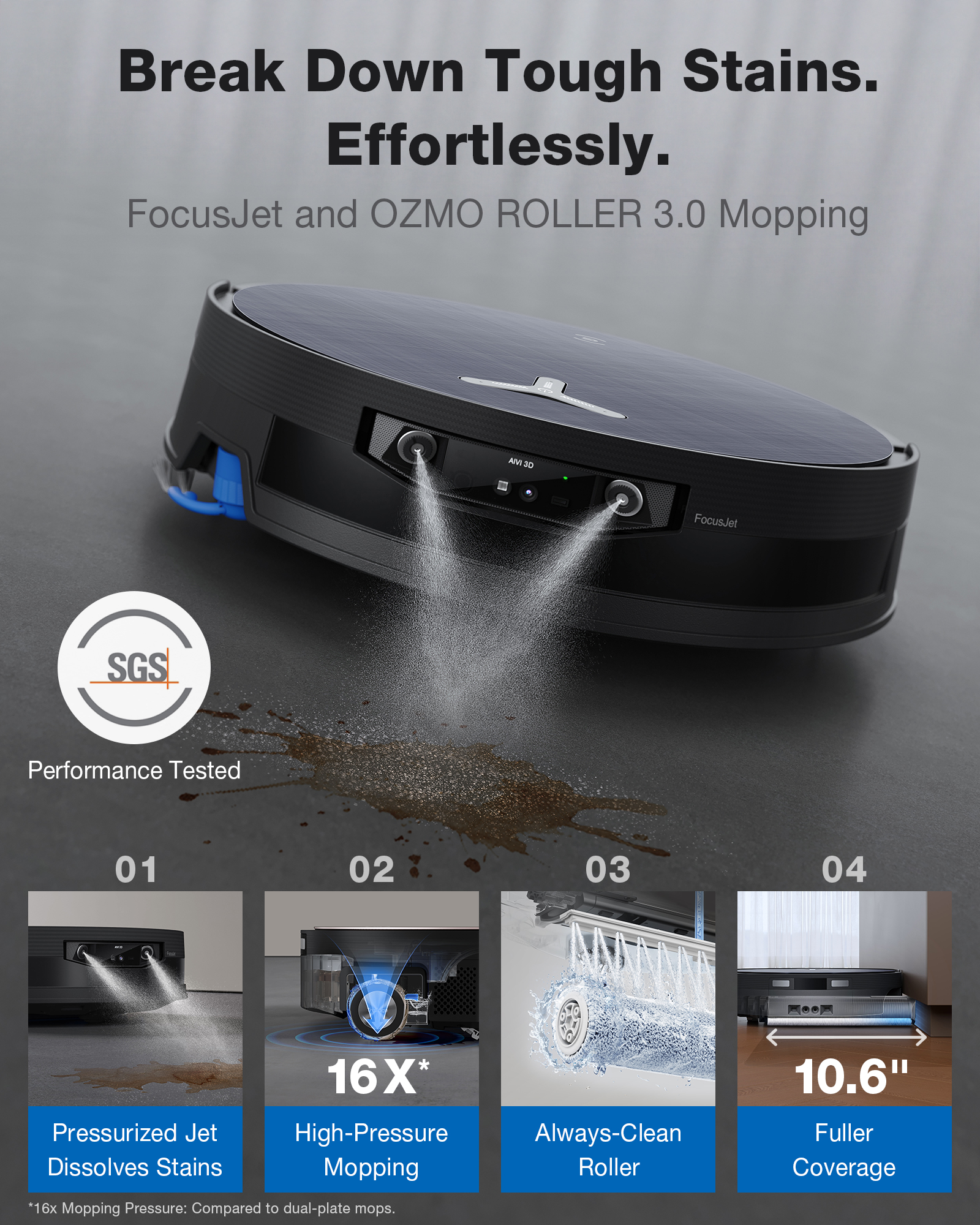 Un aspirateur robot pulvérise de l'eau sur une tache, avec 4 vues détaillées du nettoyage.