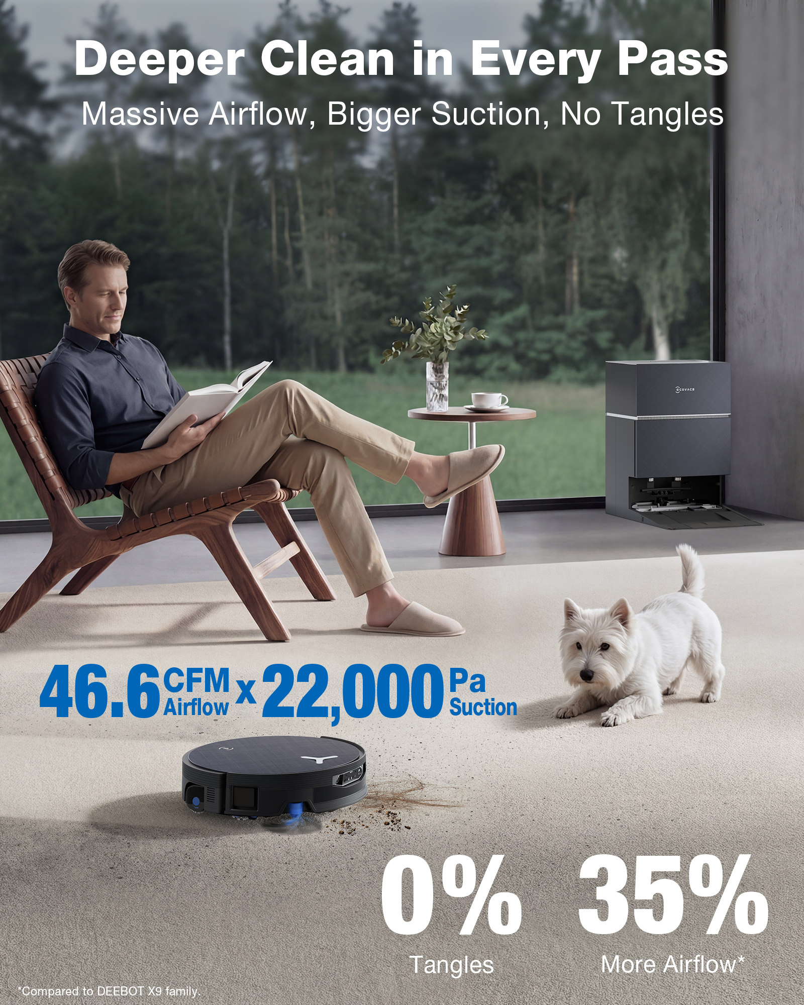 Un homme lit sur une chaise, un chien est près d'un aspirateur robot.