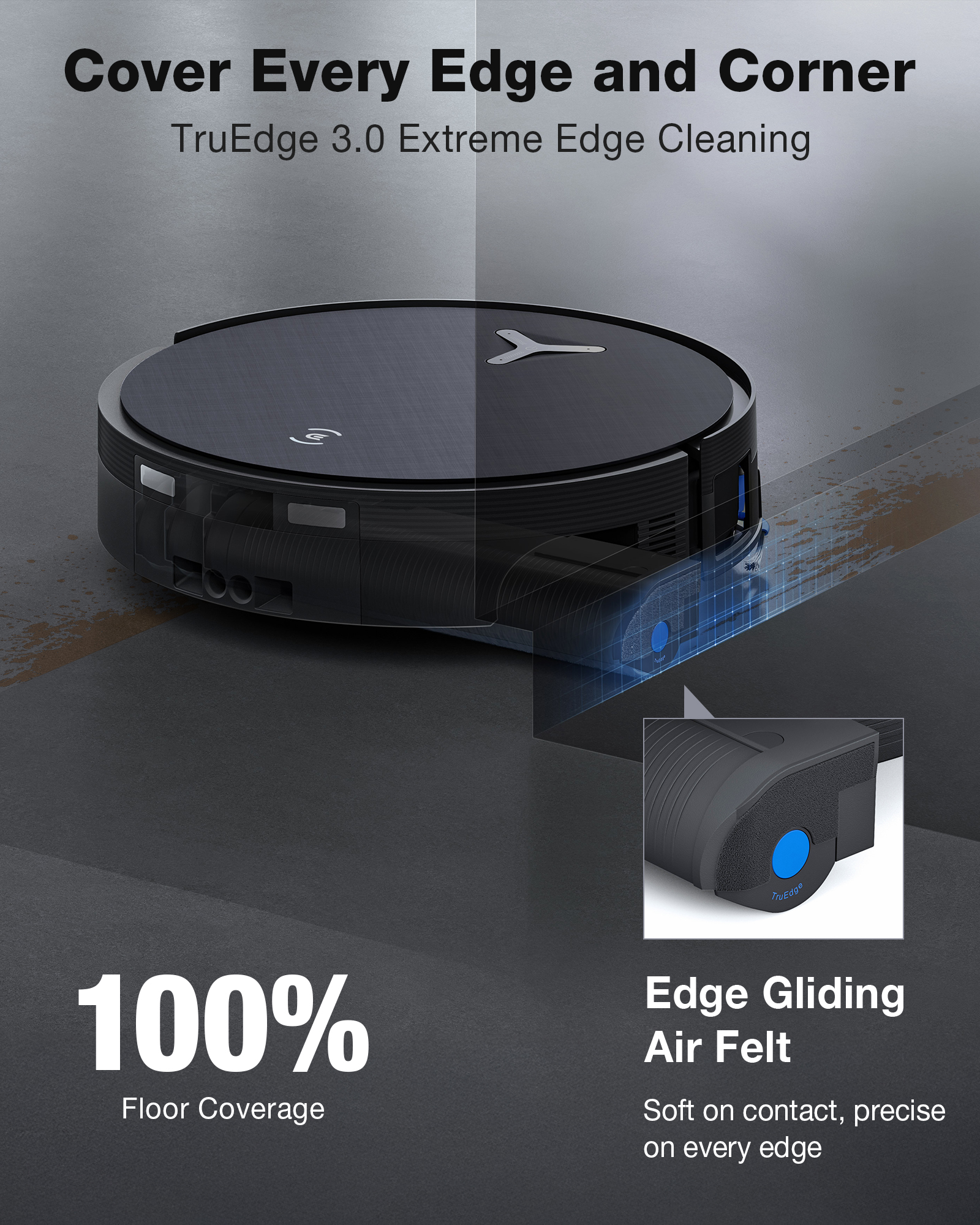 Aspirateur robot noir avec texte "TruEdge 3.0", affichant 100% de couverture du sol.