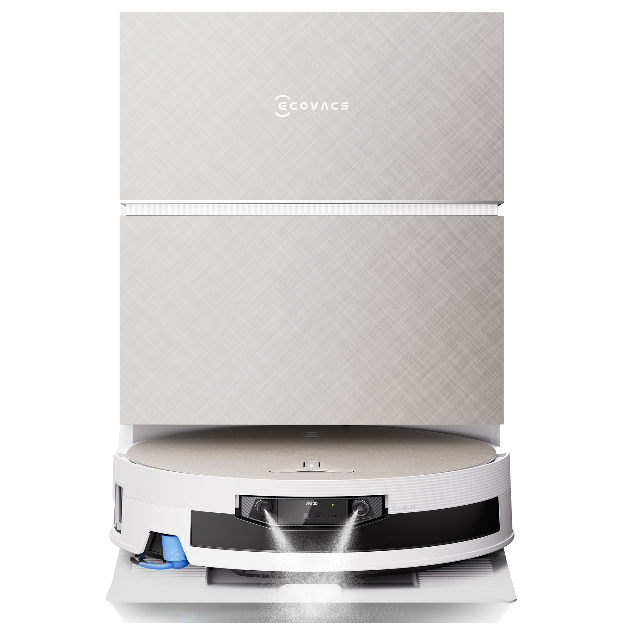 Un aspirateur robot blanc avec logo ECOVACS projette de l'eau au sol.