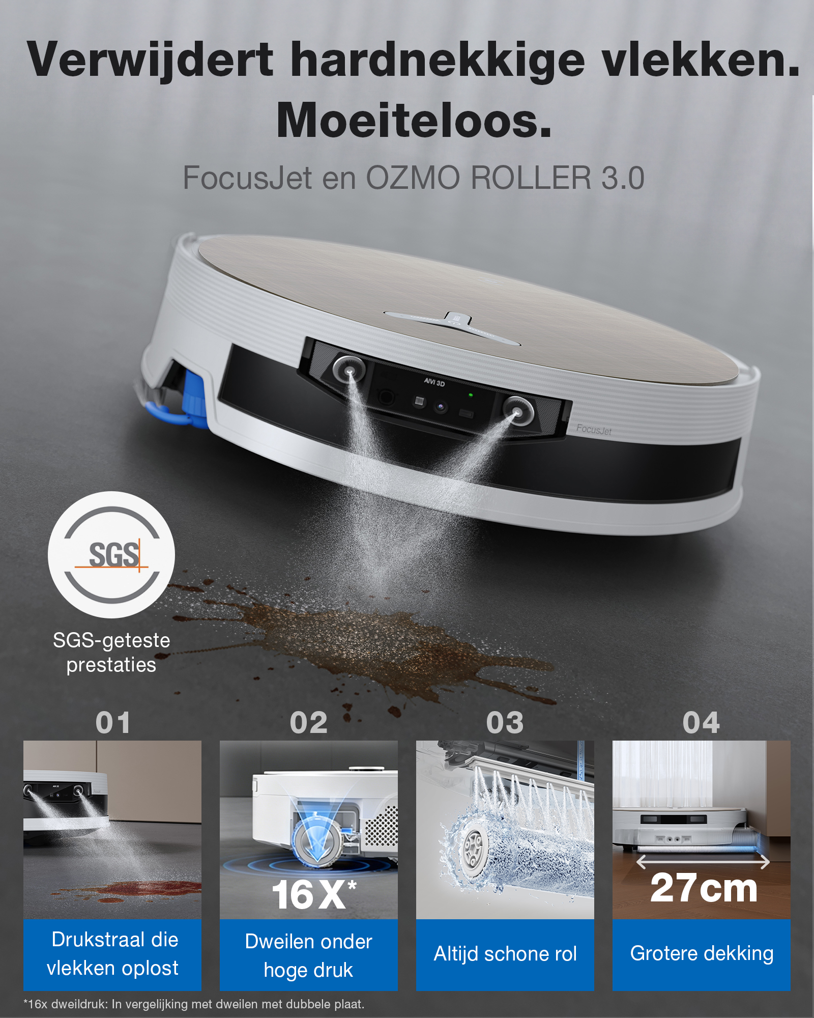 Un aspirateur robot asperge d'eau une tache ; quatre fonctions sont présentées.