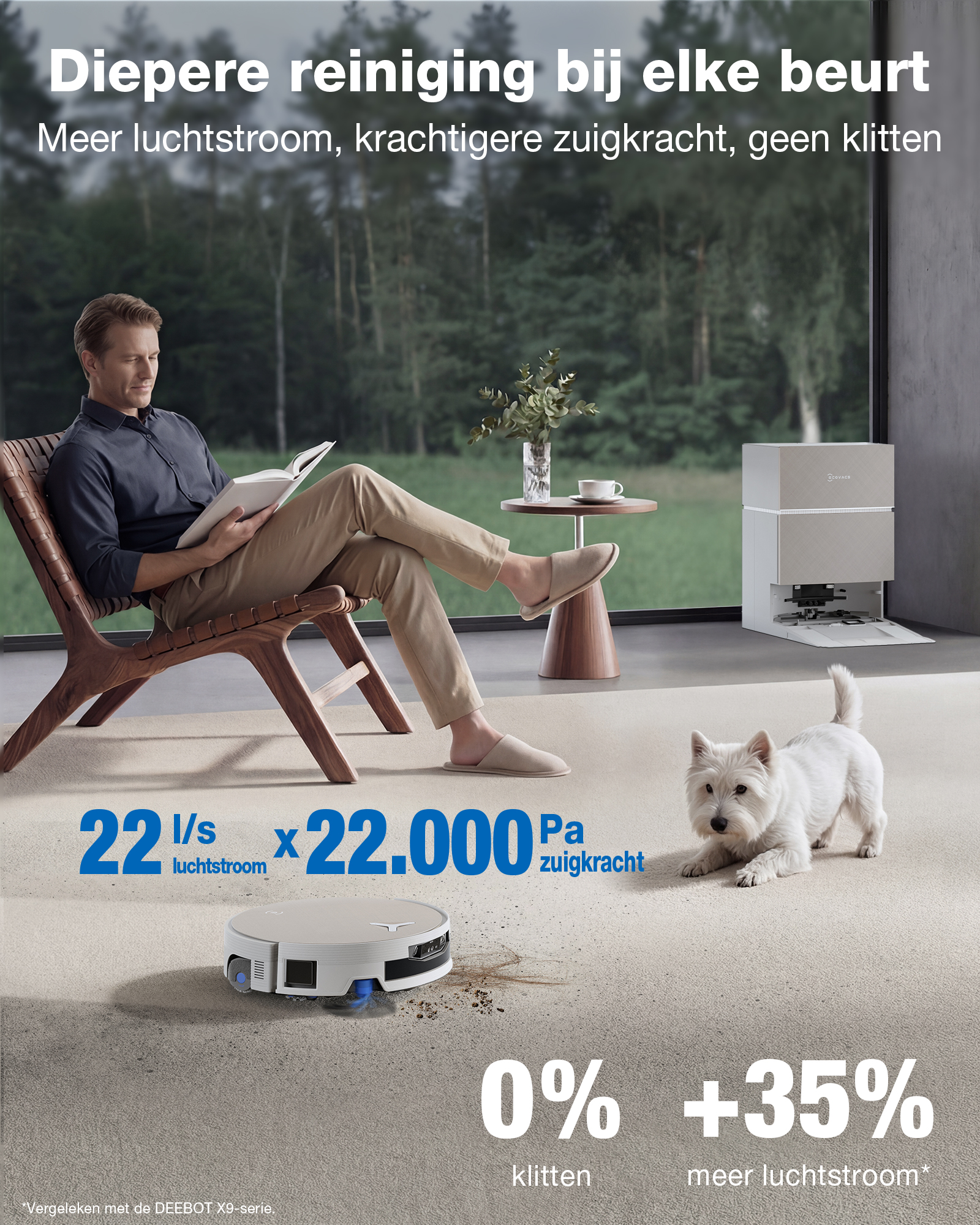 Homme lit livre, chien, aspirateur robot nettoie tapis. Specs.