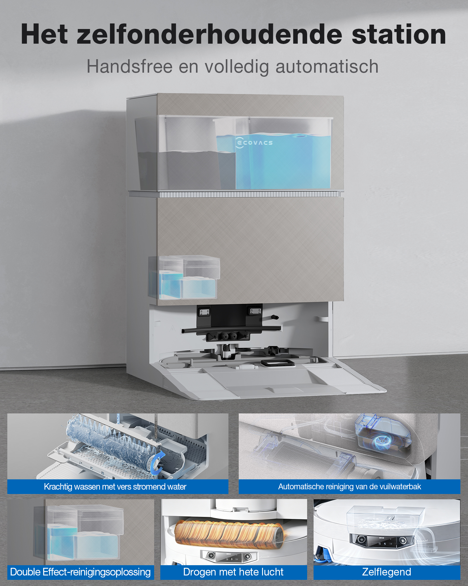 Une station d'aspirateur robot autonettoyante utilisant eau et air.