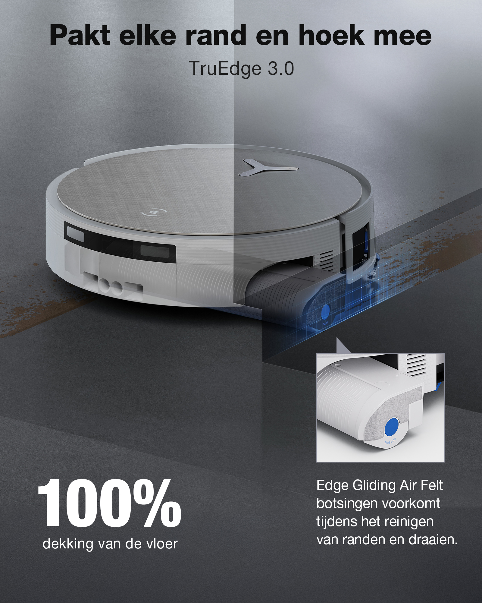 Un aspirateur robot nettoie le sol, capturant les bords. 100% de couverture.