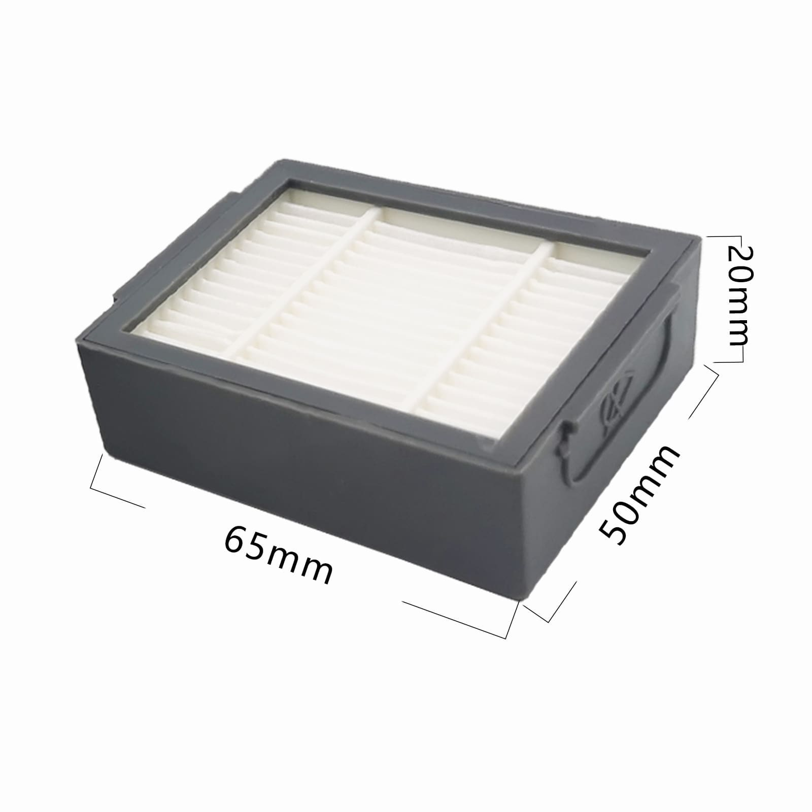 Ein rechteckiger grauer Luftfilter mit weißen Falten. Maße: 65x50x20mm.