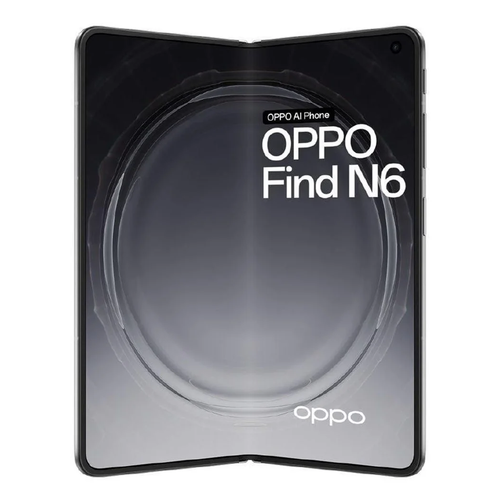 Uno smartphone OPPO Find N6 piegato con design circolare e logo OPPO.