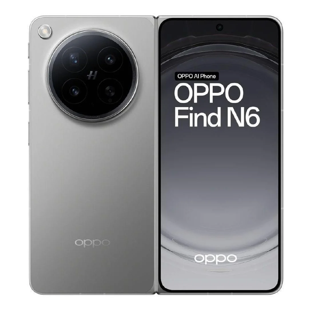 Un telefono pieghevole OPPO Find N6 argentato con quattro fotocamere.