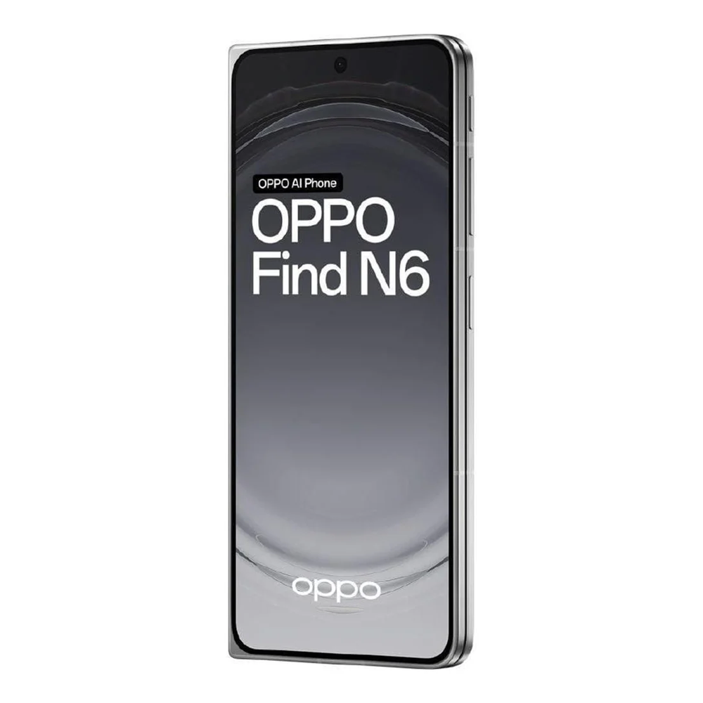 Uno smartphone OPPO Find N6 argentato con fotocamera sullo schermo.
