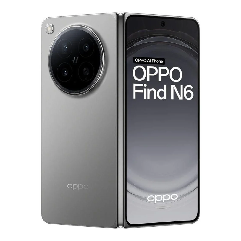 Uno smartphone OPPO Find N6 pieghevole argentato con fotocamera posteriore e schermo.
