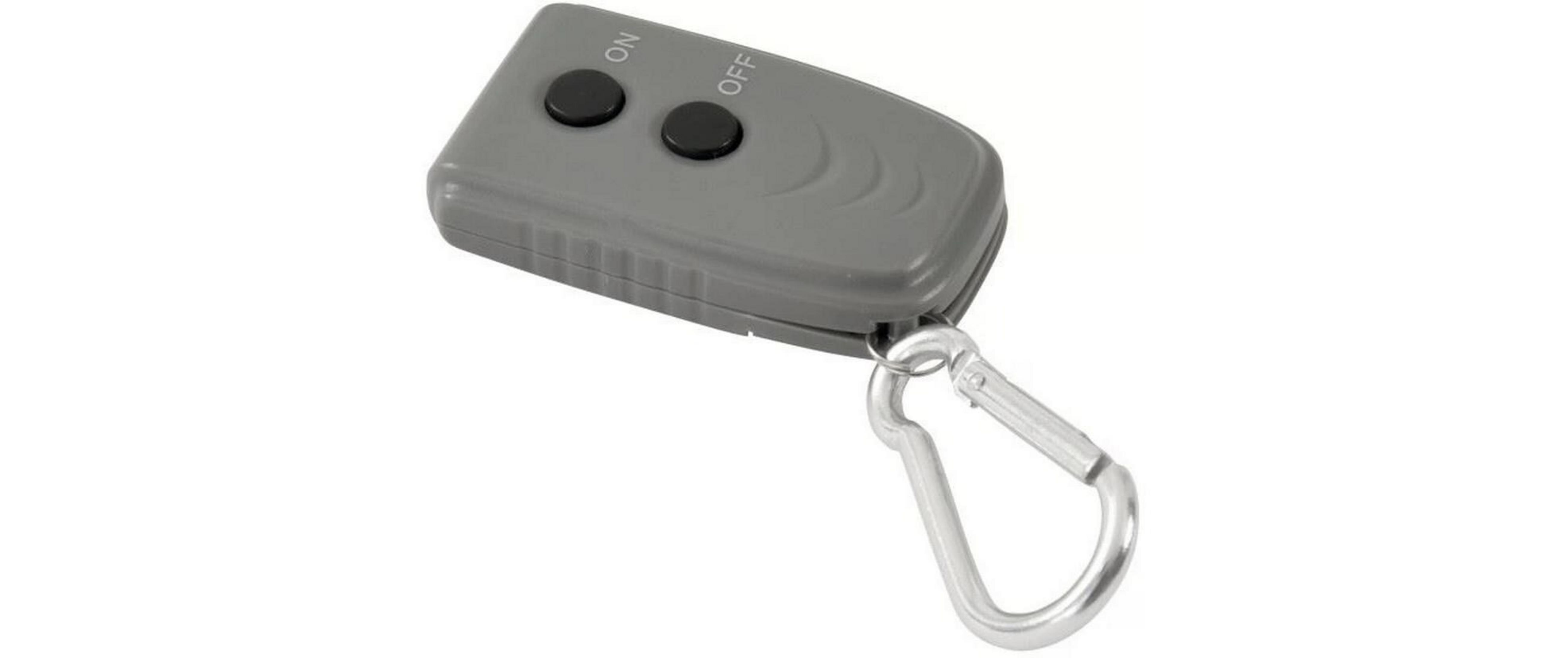 Grauer Fernbedienung mit ON/OFF-Tasten und Karabinerclip