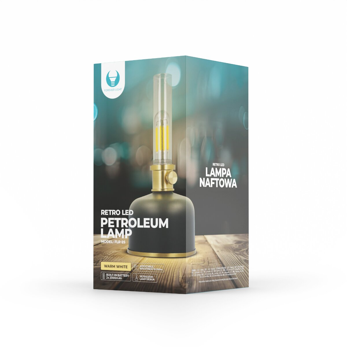 Embalaje de una lámpara de petróleo LED retro con detalles dorados y negros.