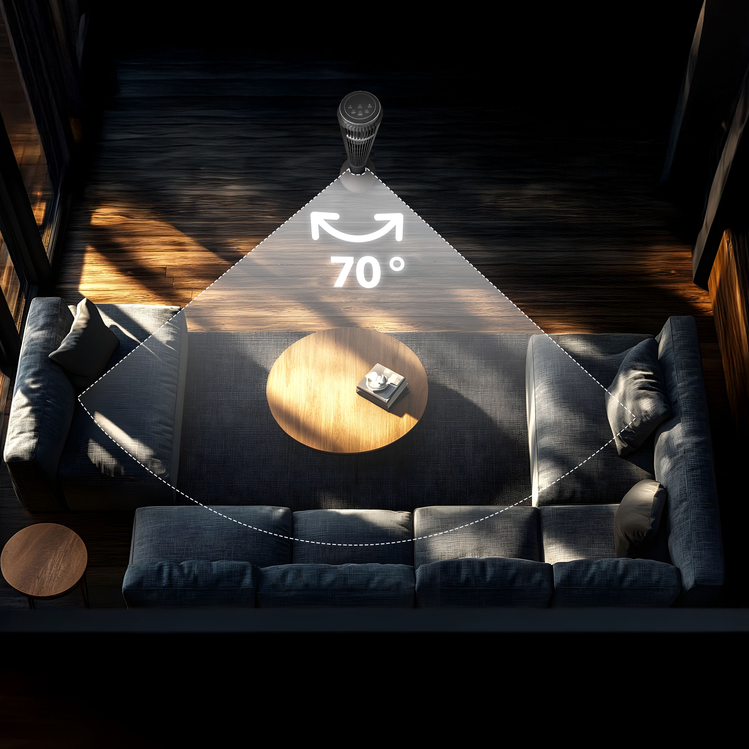 Wentylator wieżowy z oscylacją 70° obok kanapy.