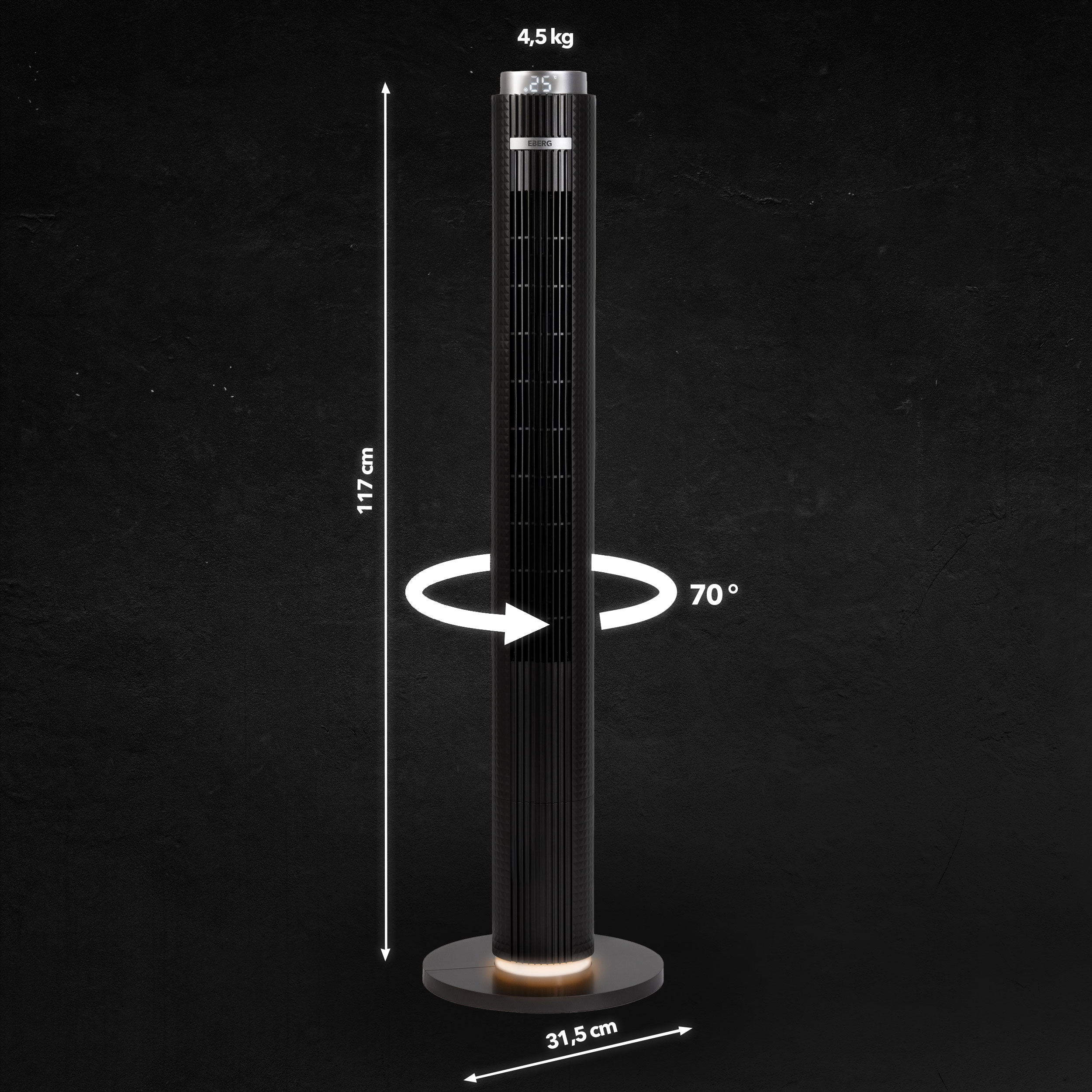 Czarny wentylator wieżowy, 117 cm wysokości, 31,5 cm szerokości, oscylacja 70°, 4,5 kg, wyświetla 25°C.