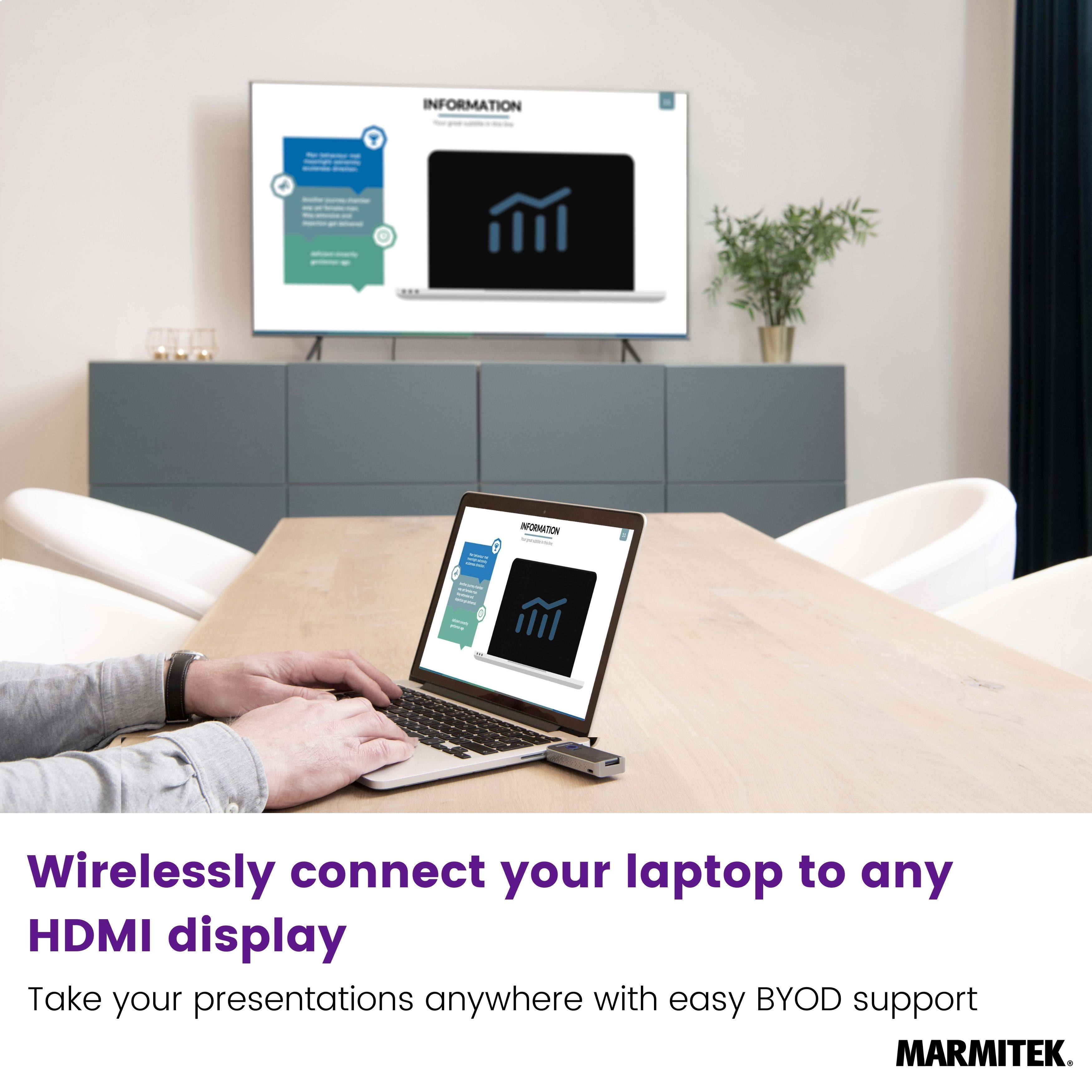 Een laptop wordt via een HDMI-adapter aangesloten op een groot scherm.