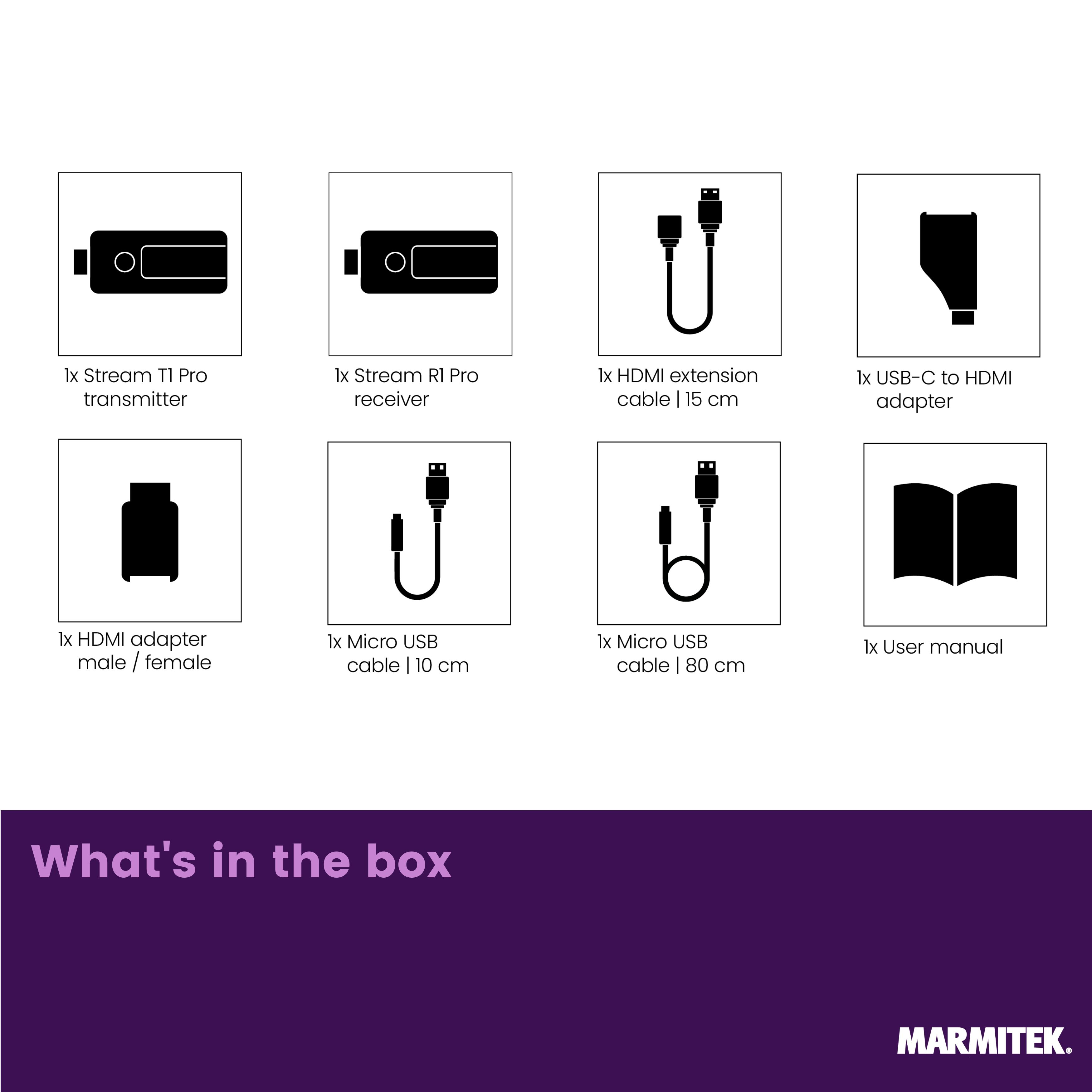 Een zender, ontvanger, kabels, adapters en handleiding.
