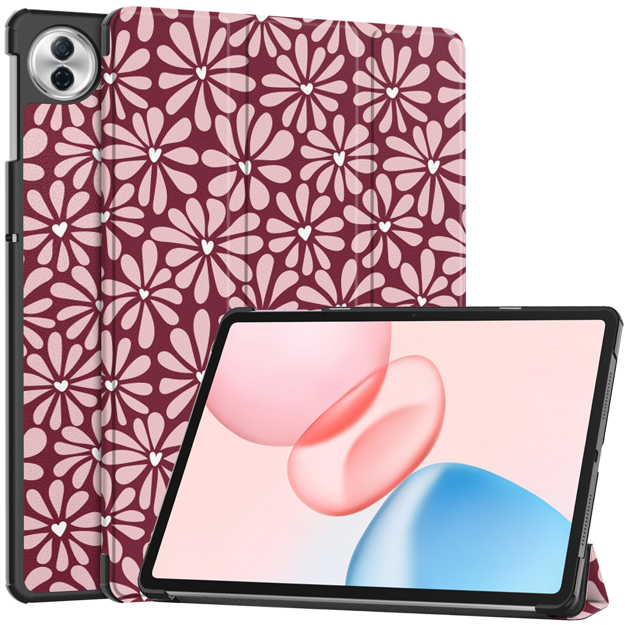 Une tablette affichant un fond d'écran bleu et rose repose sur un étui à motif floral rouge.