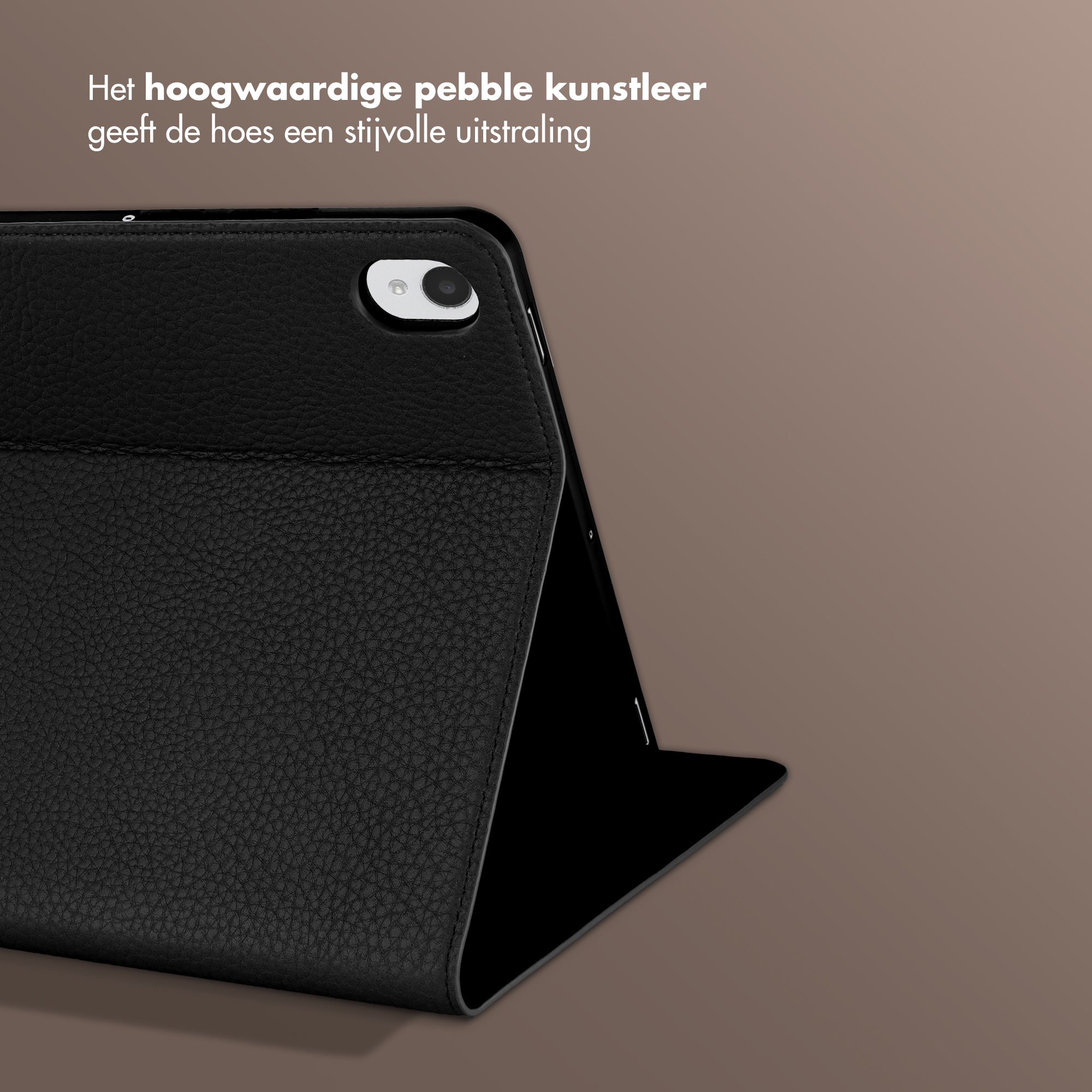 Black faux leather tablet case, focusing on texture and camera cutout.