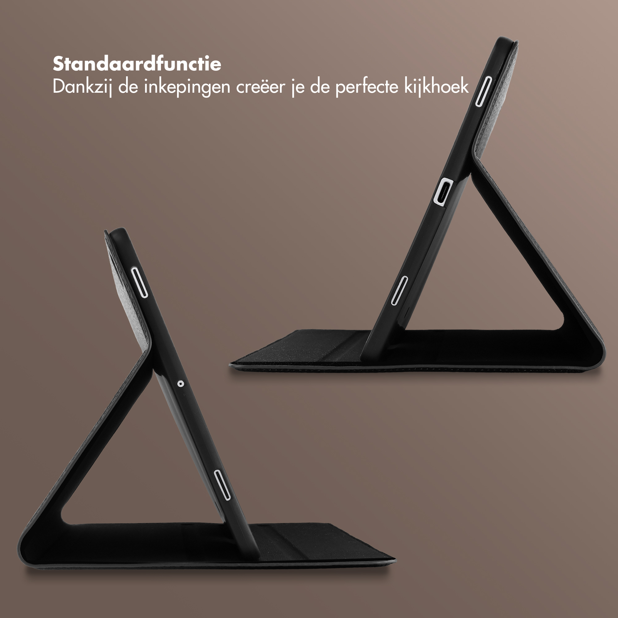 A black tablet with a stand shows its standing function from two angles.