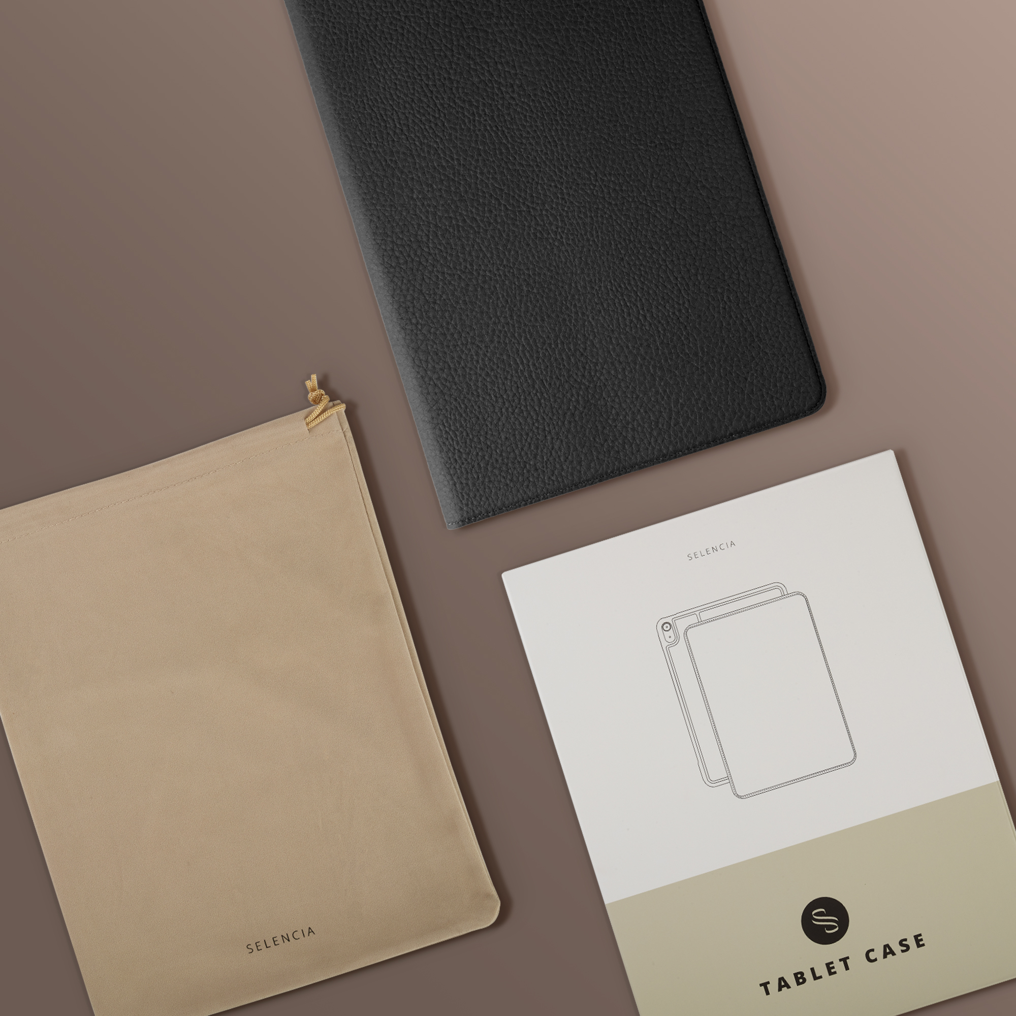 Black leather case, beige pouch, and tablet case packaging.