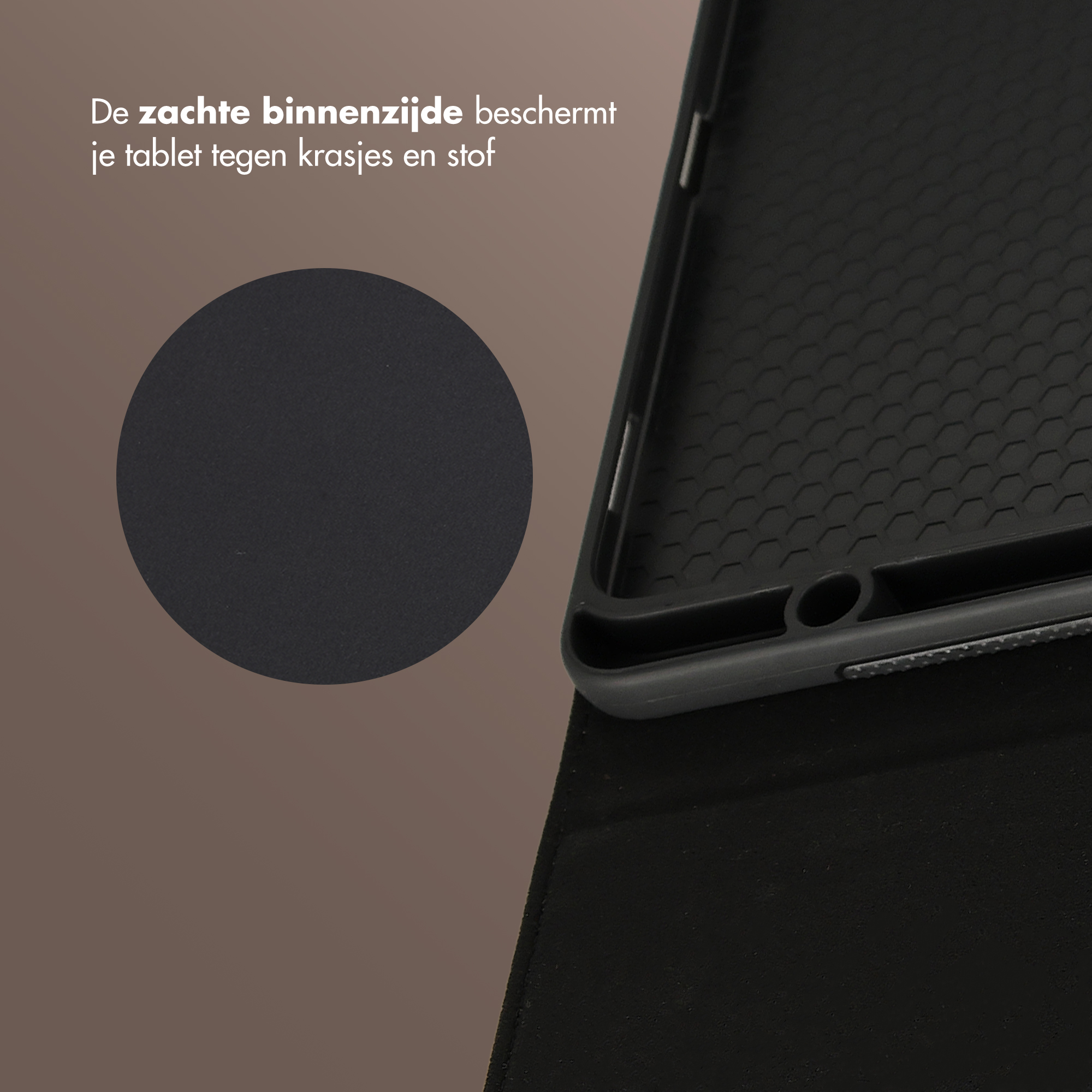 Black tablet case with soft interior lining and honeycomb pattern inside.