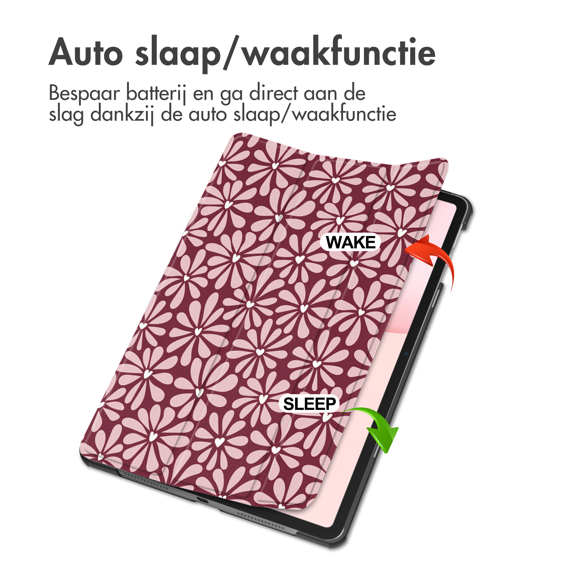Une tablette avec une housse à motif floral, démontrant la fonction veille/réveil.