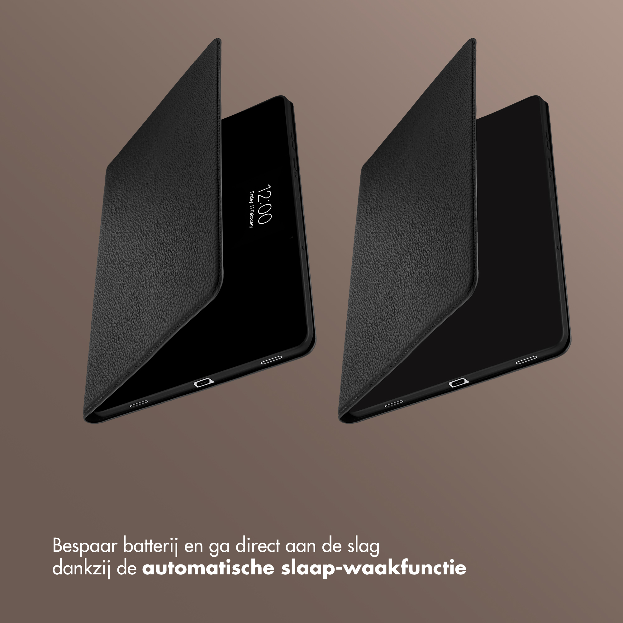 Two black tablet covers open to reveal a tablet showing the time.