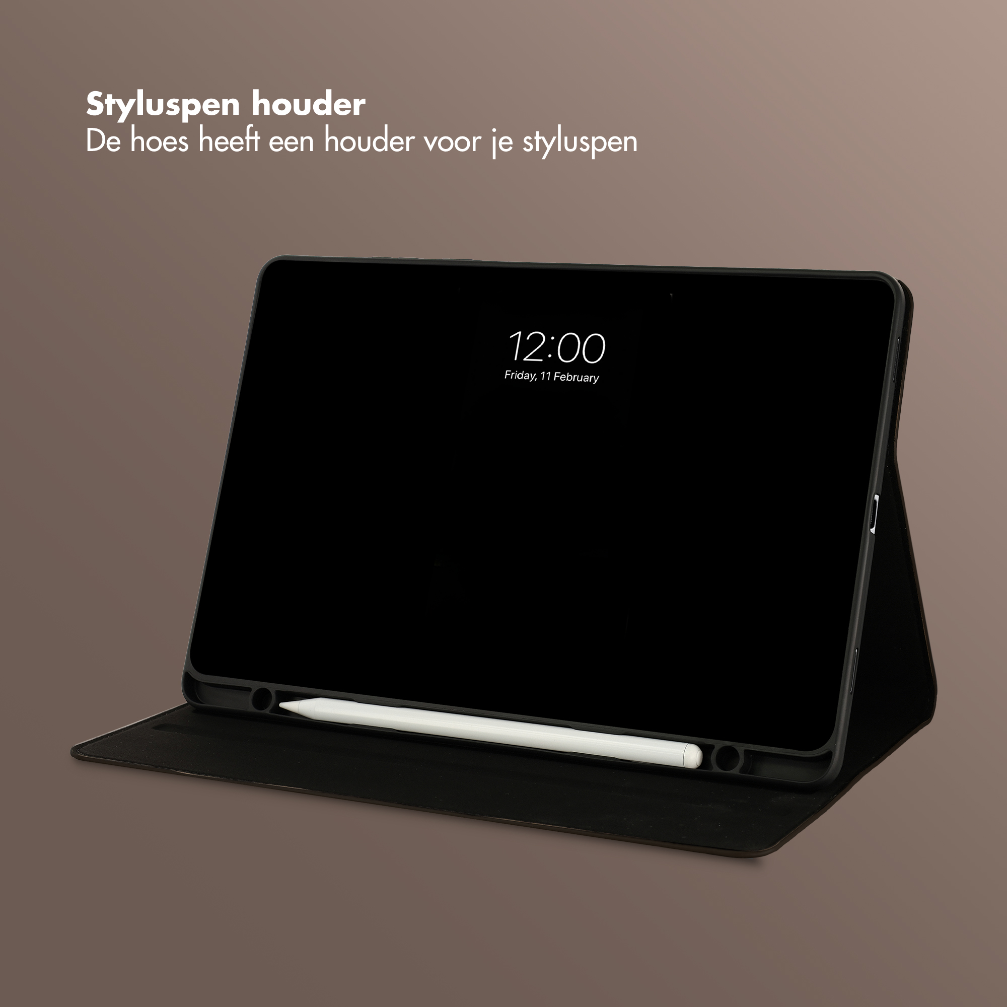 Black tablet with stylus holder and stylus, showing 12:00.