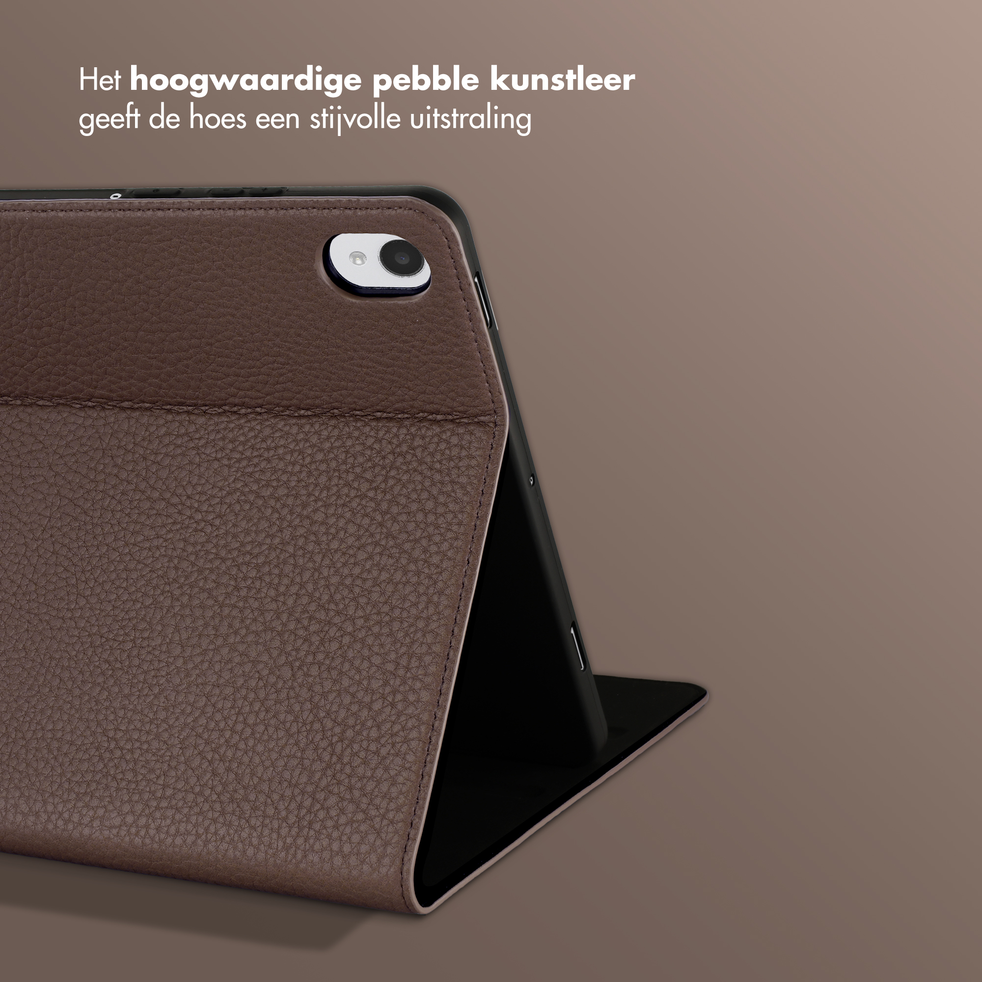 Brown leather tablet case with camera cutout and stitching detail.